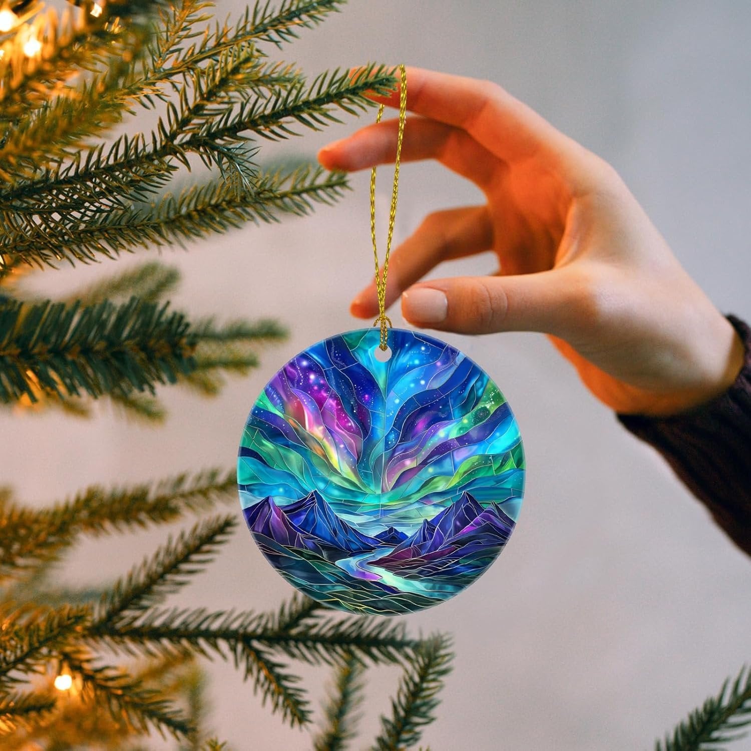 Christmas Ornaments Northern Lights Ceramic Hanging Decor, Unique Xmas Tree Decorations for Holiday Home Party Display