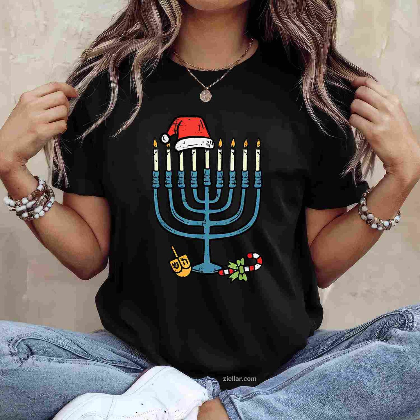 Christmas Hat Menorah Jew Hanukkah Chanukah Men Women T-Shirt_ Funny Holiday Season Tee For All