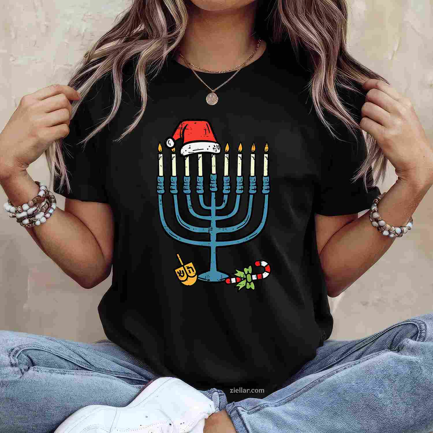 Christmas Hat Menorah Jew Hanukkah Chanukah Men Women T-Shirt_ Funny Holiday Season Tee For All