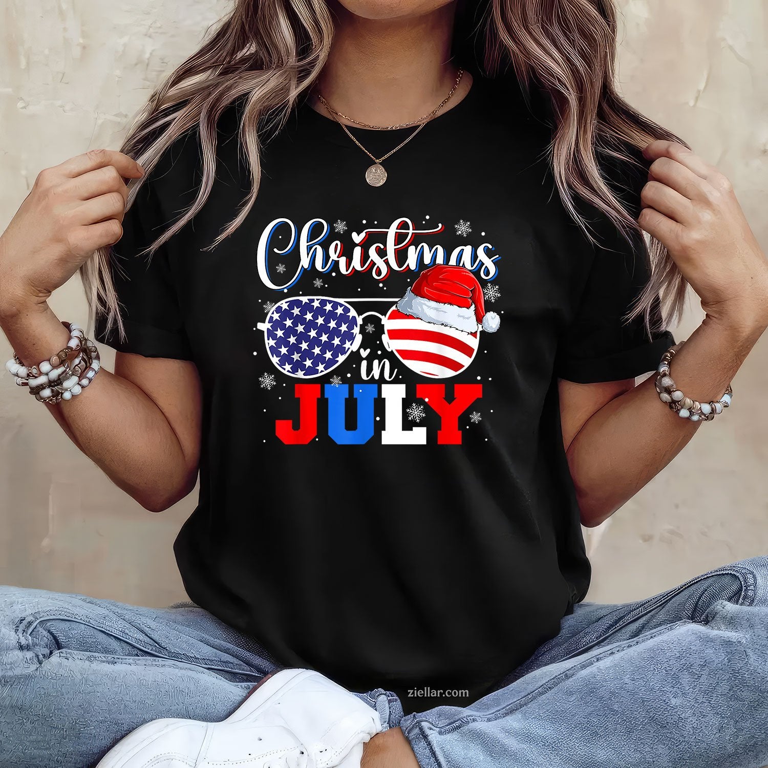 Christmas In July Santa Hat Sunglasses USA Flag 4th of