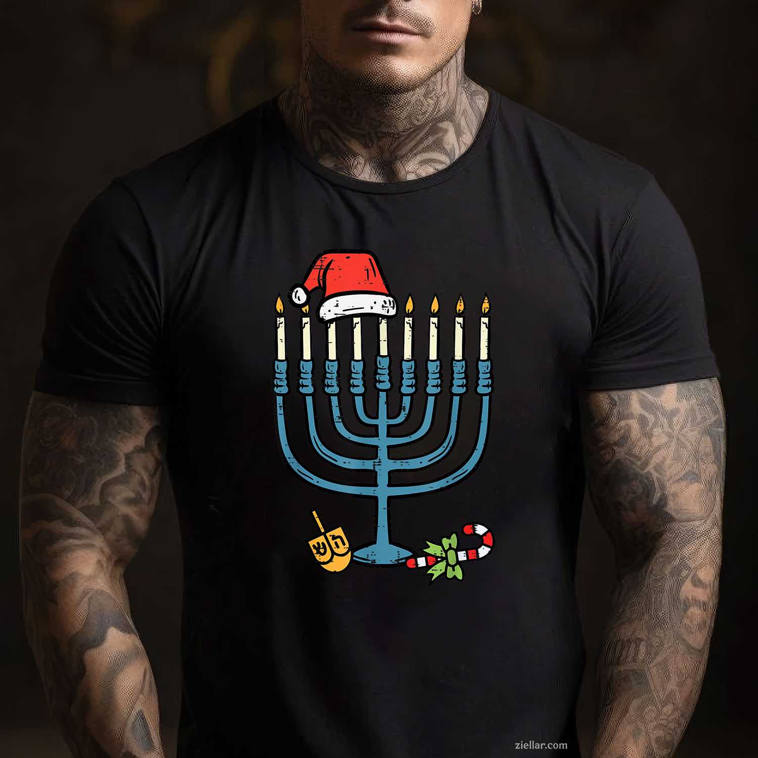 Christmas Hat Menorah Jew Hanukkah Chanukah Men Women T-Shirt_ Funny Holiday Season Tee For All