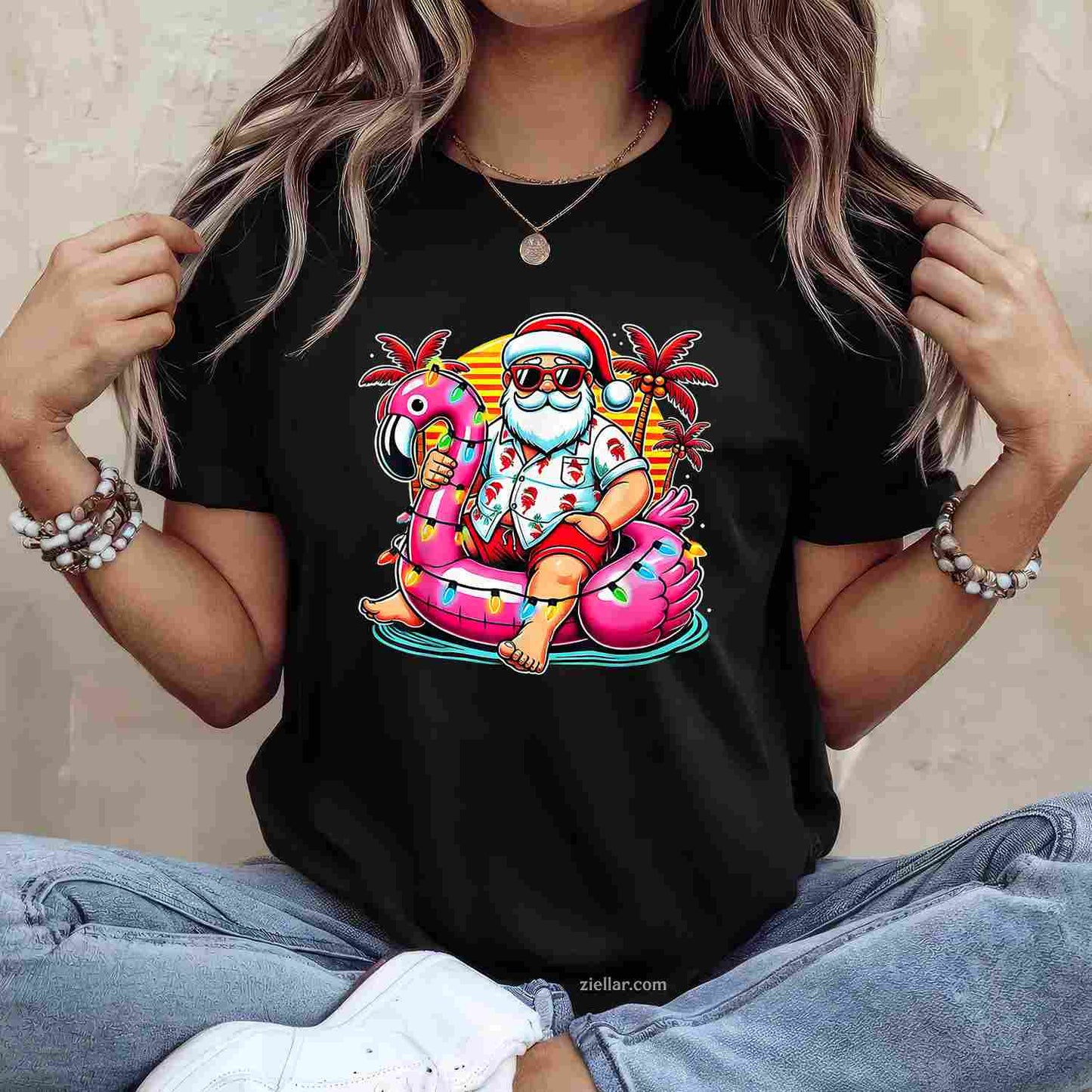 Christmas In July Shirt Santa Flamingo Float Summer Xmas T-Shirt, A Merry Christmas In July Tee For Adults