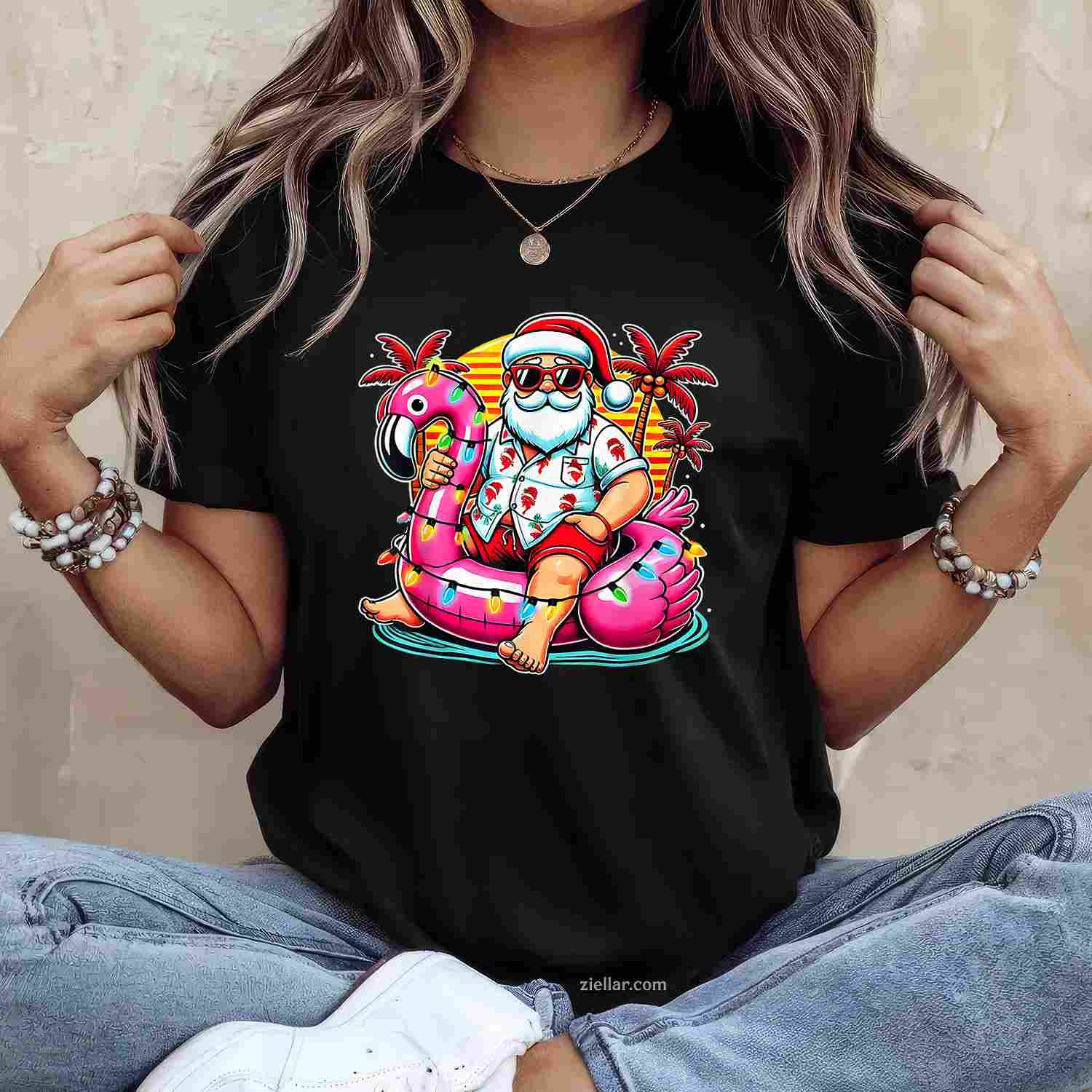 Christmas In July Shirt Santa Flamingo Float Summer Xmas T-Shirt, A Merry Christmas In July Tee For Adults
