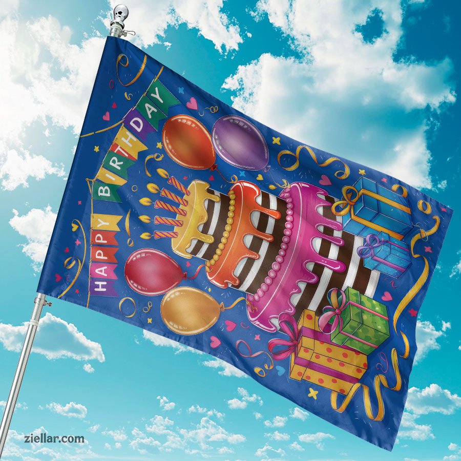 Colorful Birthday Garden Flag with Cake Balloons and Gifts _ Party Yard Decor