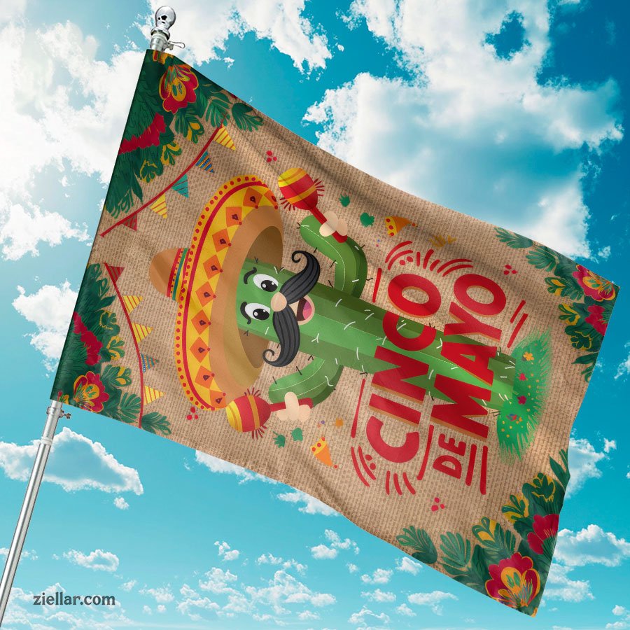 Colorful Cinco de Mayo Yard Flag Summer Fiesta Cactus Pinata Sombrero House