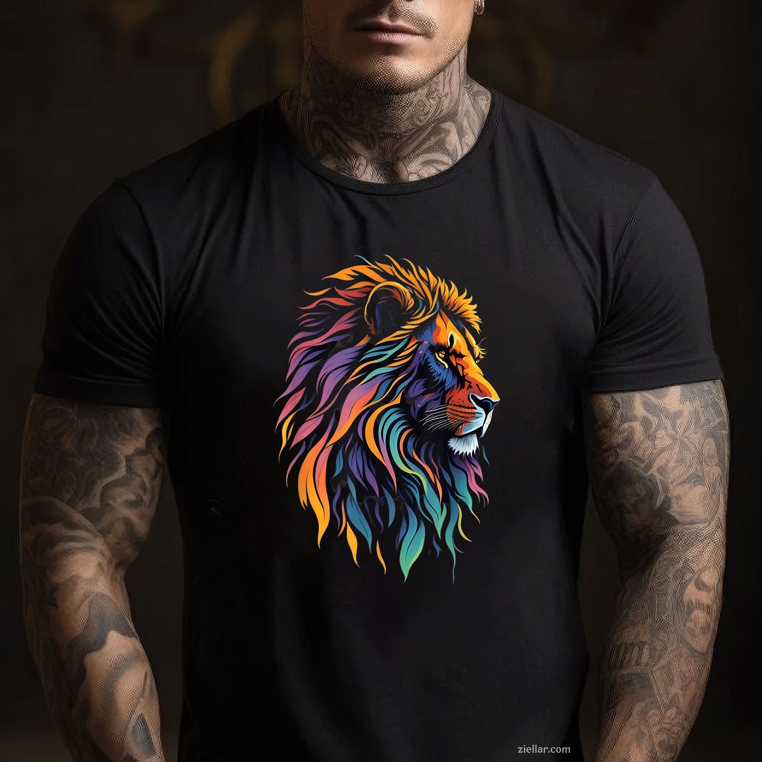 Colorful Lion Head Tee and T-Shirt, Leo August Birthday Graphic Art T-Shirt for Adults