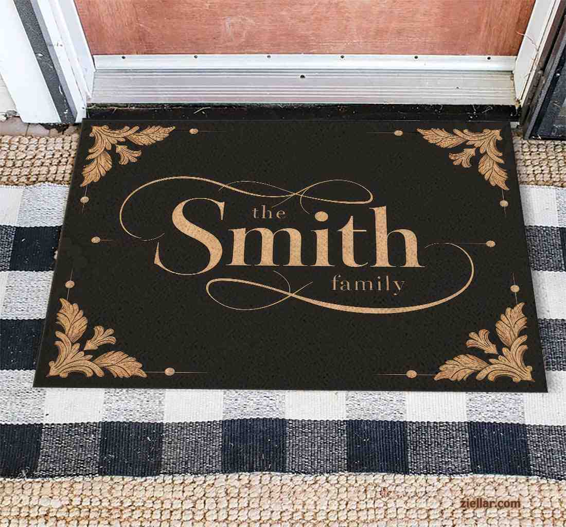 Custom Doormat with Gold Floral Accents, Elegant Family Name Entry Decor