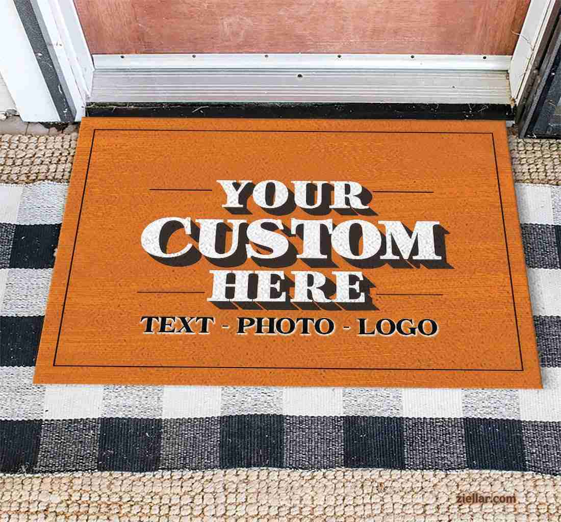 Custom Text_Photo Doormat, Bold White Font with Orange Design for Entryway