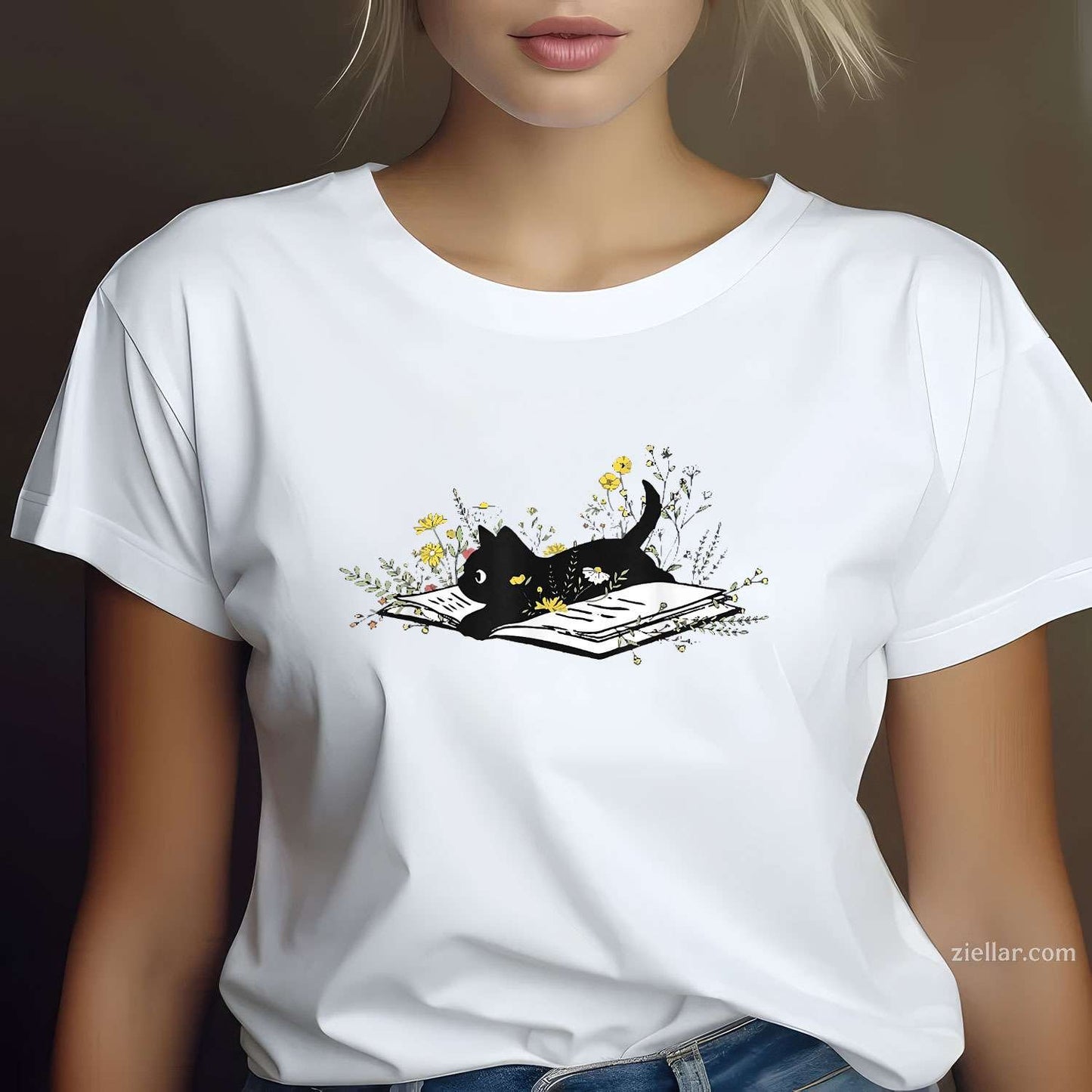 Cute Book Black Cat Book Lover T-Shirt, Floral Teacher Life Vintage Graphic Tee For Women Adults