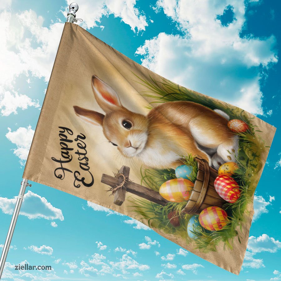Cute Easter Bunny with Cross and Festive Eggs Christian Spring Holiday Display