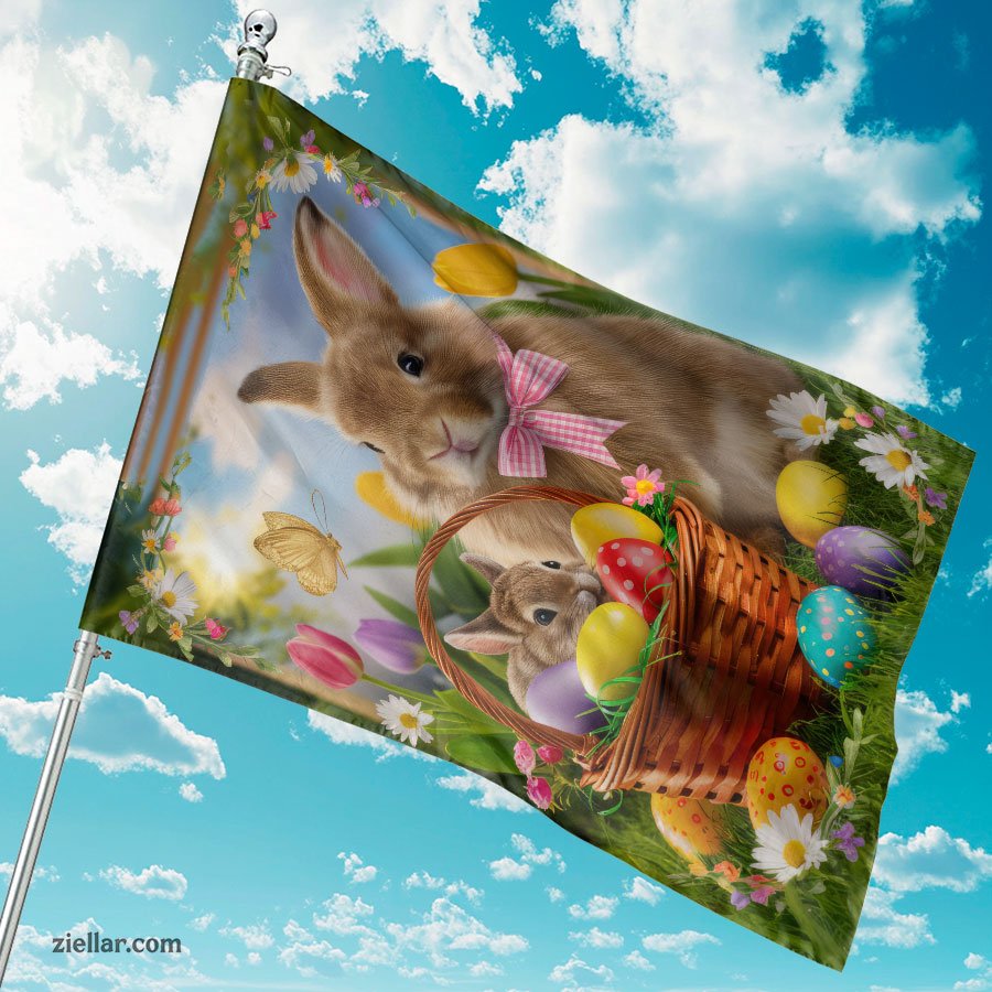 Cute Easter Bunny Holding Basket of Eggs with Flowers Spring Decoration