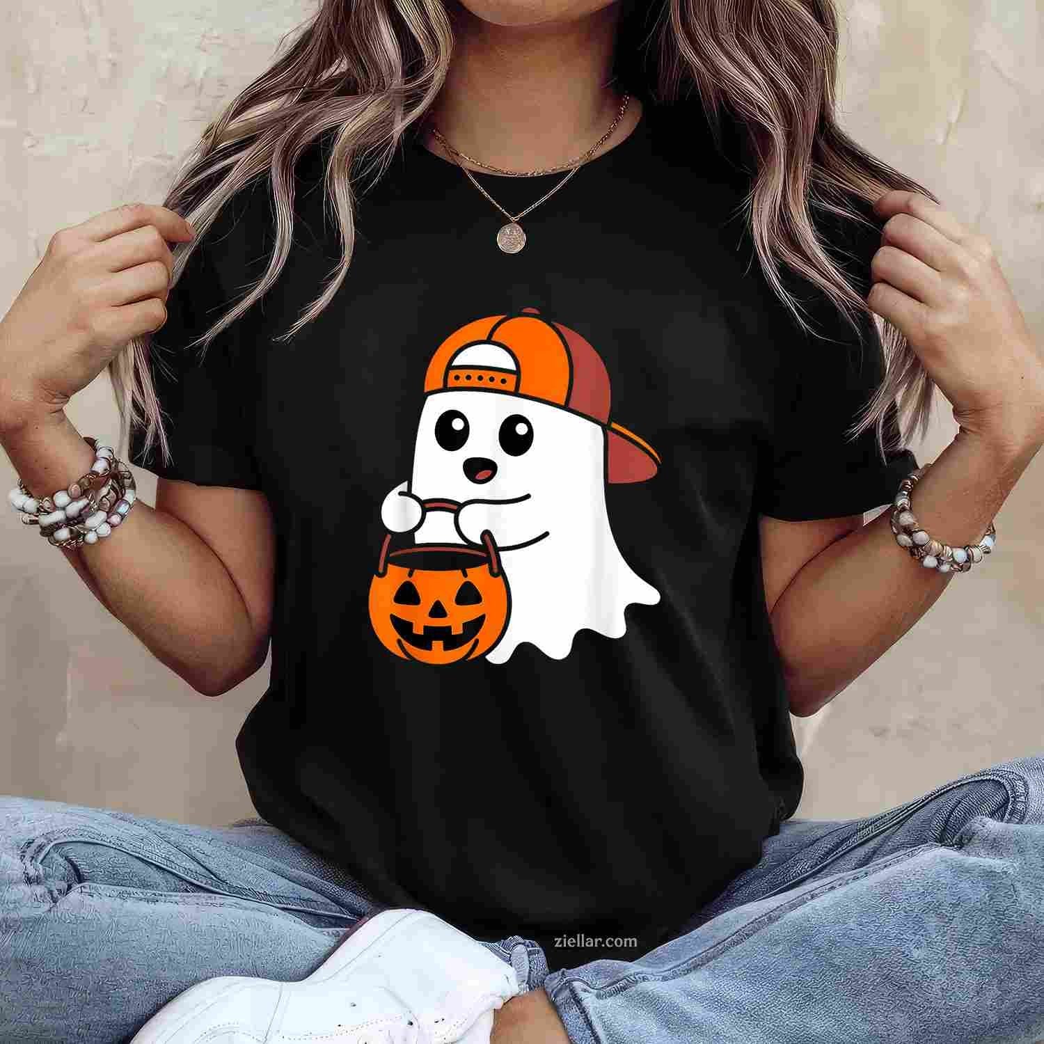 Cute Ghost Pumpkin Wear Hat Saying Boo Spooky Halloween Tee, Halloween T-Shirt for Men Women Adults Unisex, Trendy Graphic Apparel, Unique Gift Idea