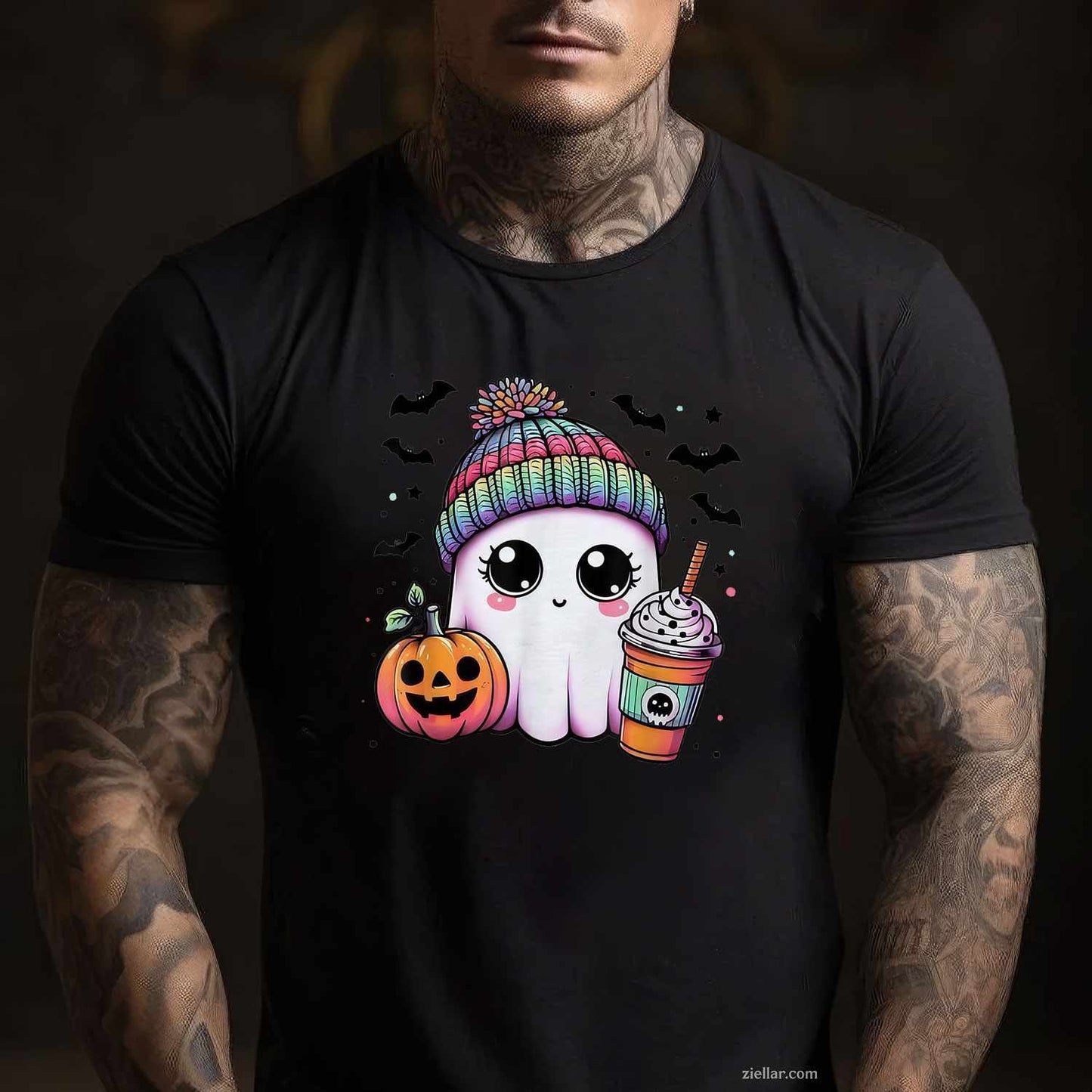 Cute Ghost Drinking Coffee Halloween Ghost Ice Coffee Women Tee, Halloween T-Shirt for Men Women Adults Unisex, Vintage Retro Graphic, Funny Novelty Gift