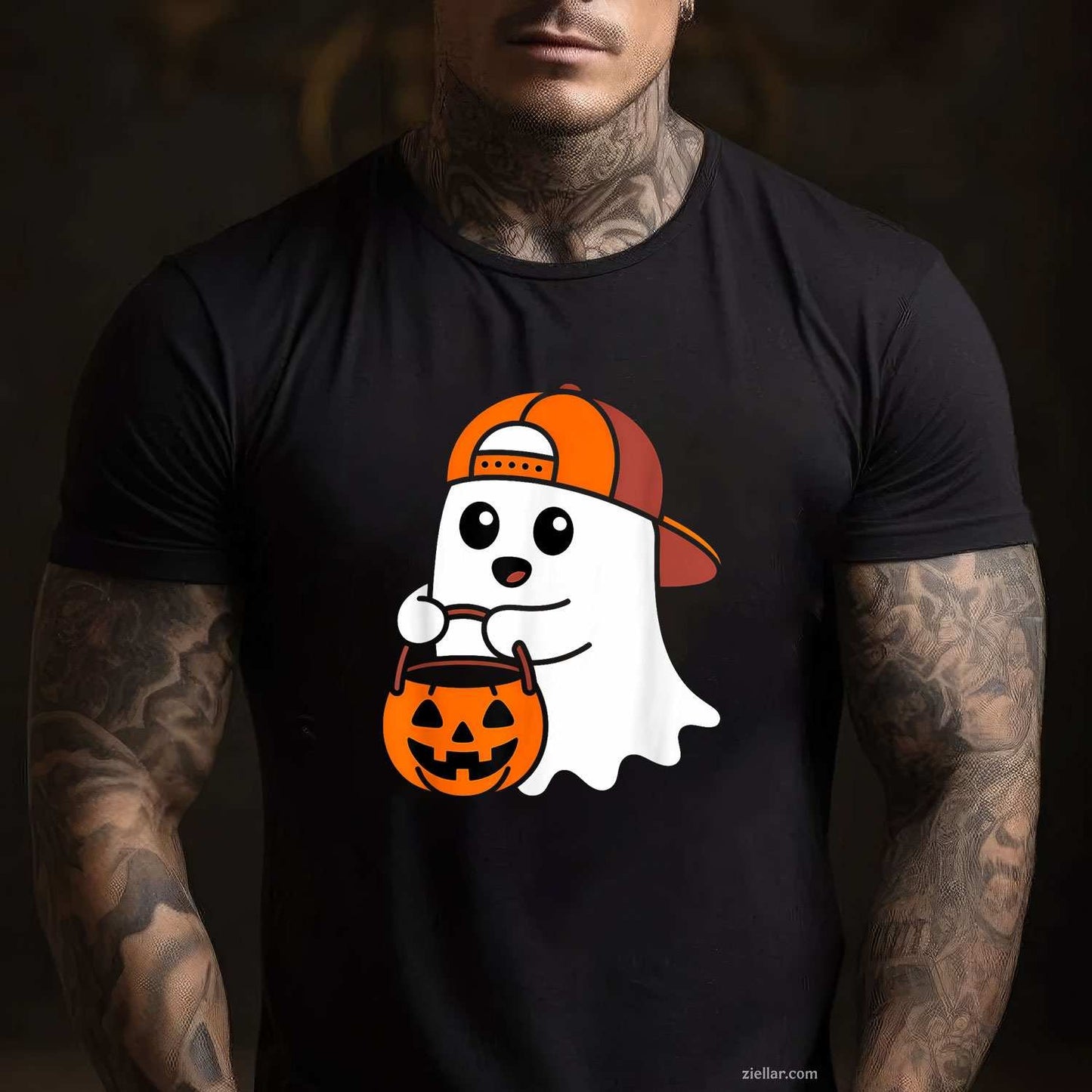 Cute Ghost Pumpkin Wear Hat Saying Boo Spooky Halloween Tee, Halloween T-Shirt for Men Women Adults Unisex, Trendy Graphic Apparel, Unique Gift Idea