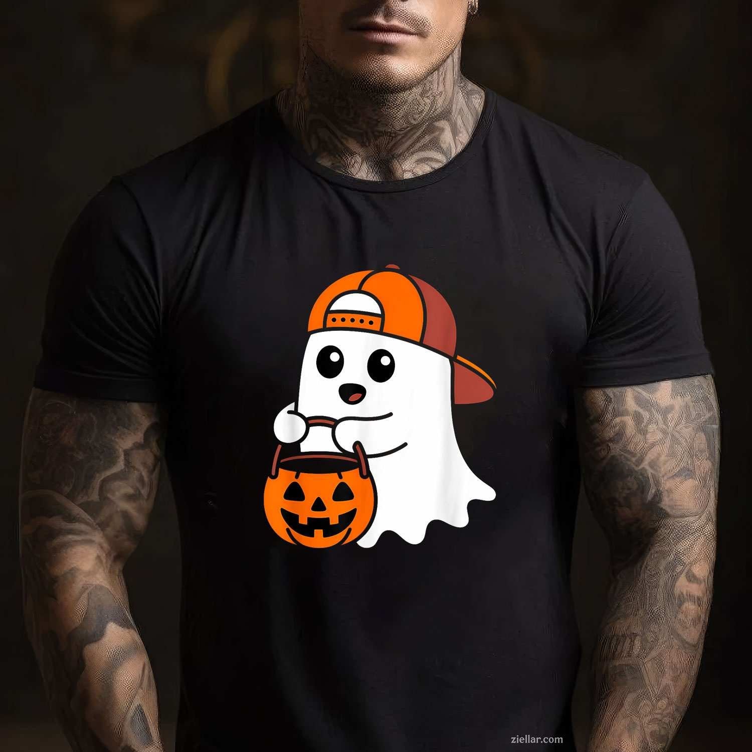 Cute Ghost Pumpkin Wear Hat Saying Boo Spooky Halloween Tee, Halloween T-Shirt for Men Women Adults Unisex, Trendy Graphic Apparel, Unique Gift Idea
