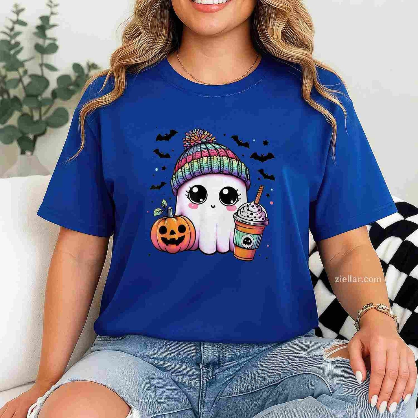 Cute Ghost Drinking Coffee Halloween Ghost Ice Coffee Women Tee, Halloween T-Shirt for Men Women Adults Unisex, Vintage Retro Graphic, Funny Novelty Gift