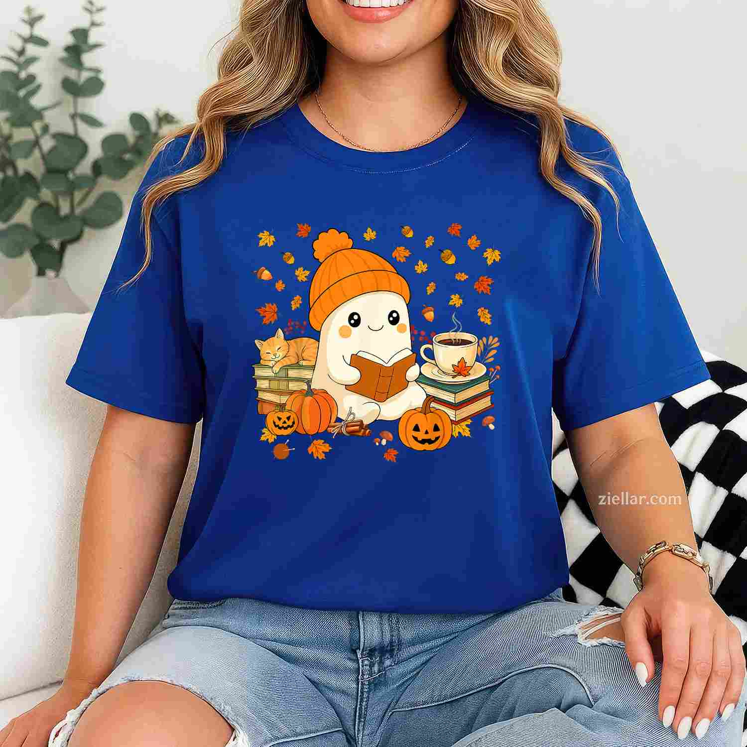 Cute Ghost Reading Book Lovers Autumn Fall Halloween Ghost T-Shirt and Tee for Adults Men Women Unisex