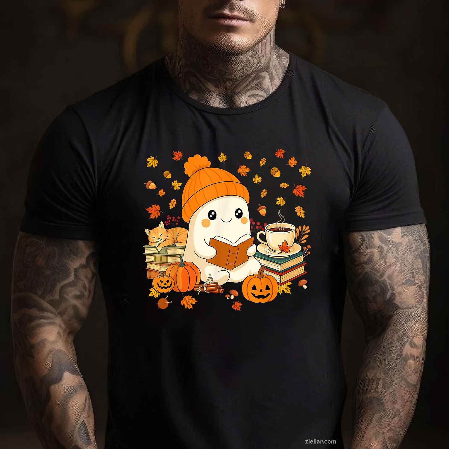 Cute Ghost Reading Book Lovers Autumn Fall Halloween Ghost T-Shirt and Tee for Adults Men Women Unisex