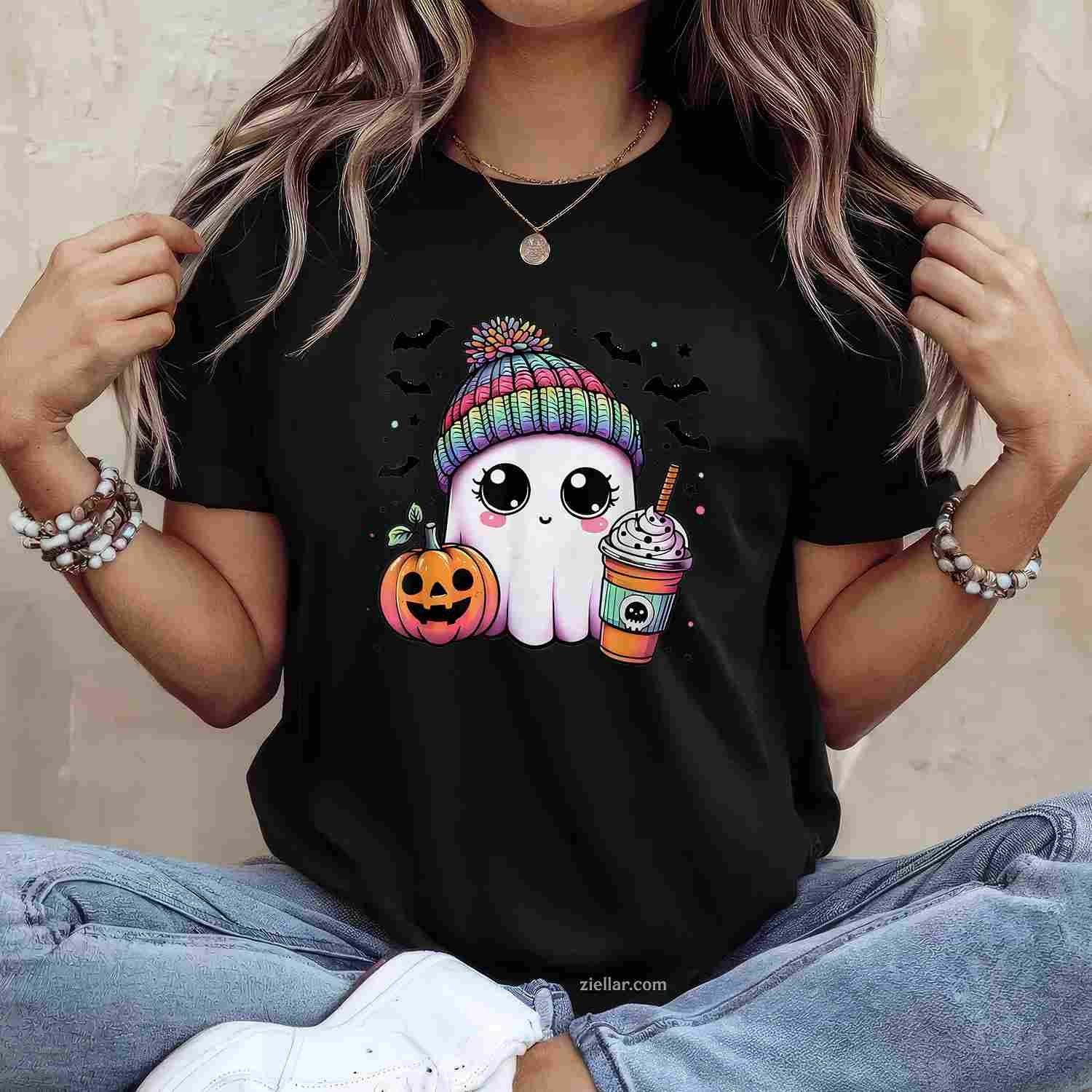 Cute Ghost Drinking Coffee Halloween Ghost Ice Coffee Women Tee, Halloween T-Shirt for Men Women Adults Unisex, Vintage Retro Graphic, Funny Novelty Gift
