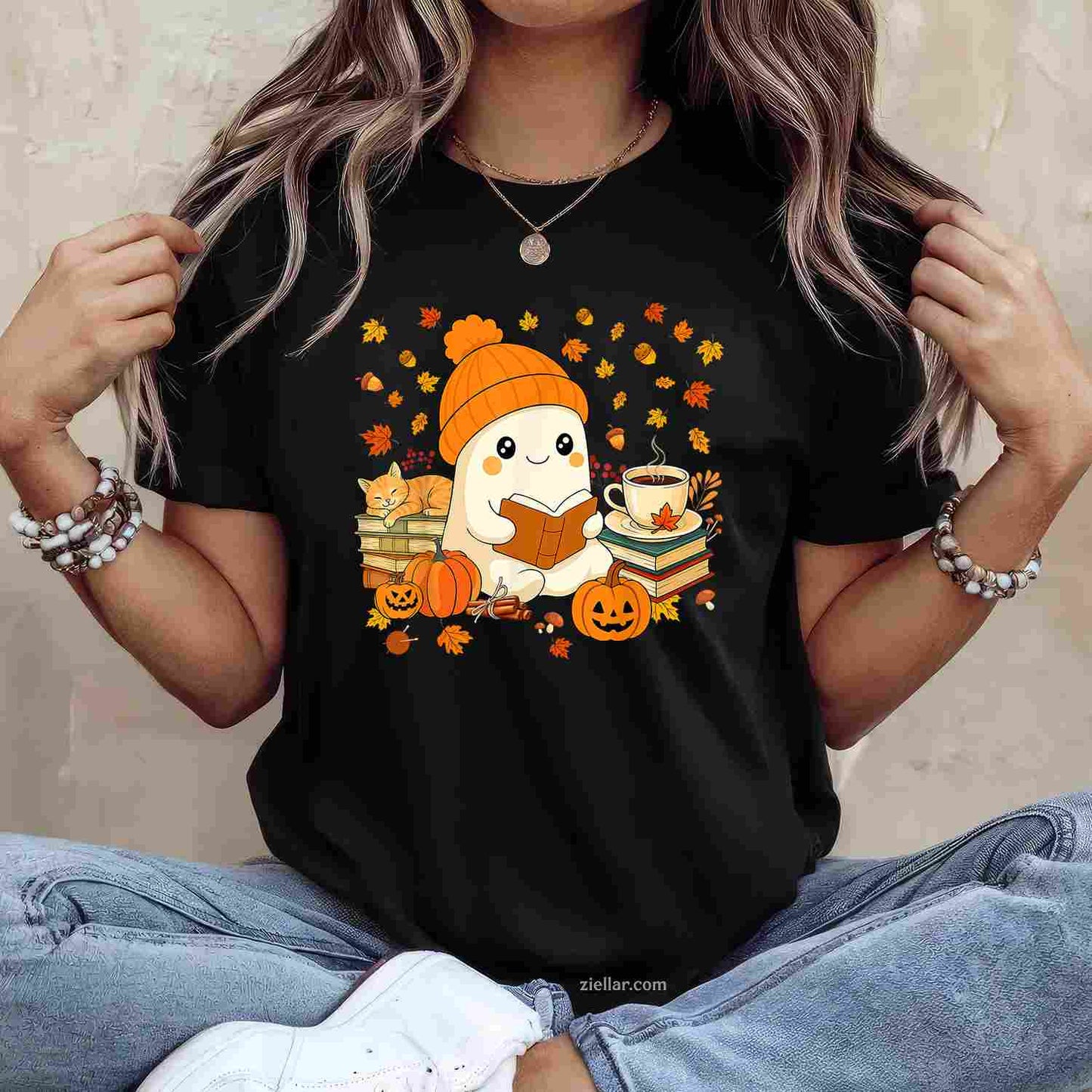 Cute Ghost Reading Book Lovers Autumn Fall Halloween Ghost T-Shirt and Tee for Adults Men Women Unisex