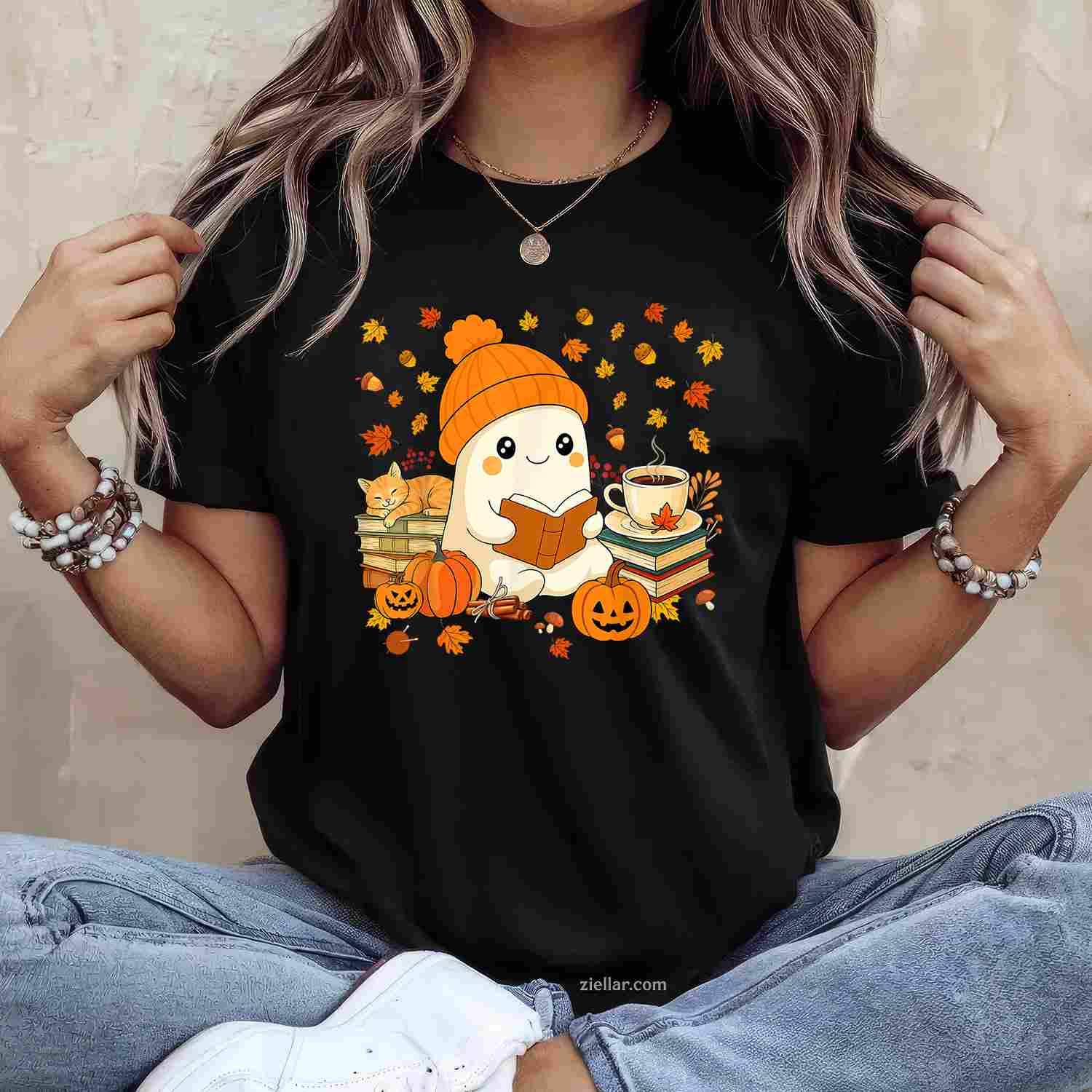 Cute Ghost Reading Book Lovers Autumn Fall Halloween Ghost T-Shirt and Tee for Adults Men Women Unisex