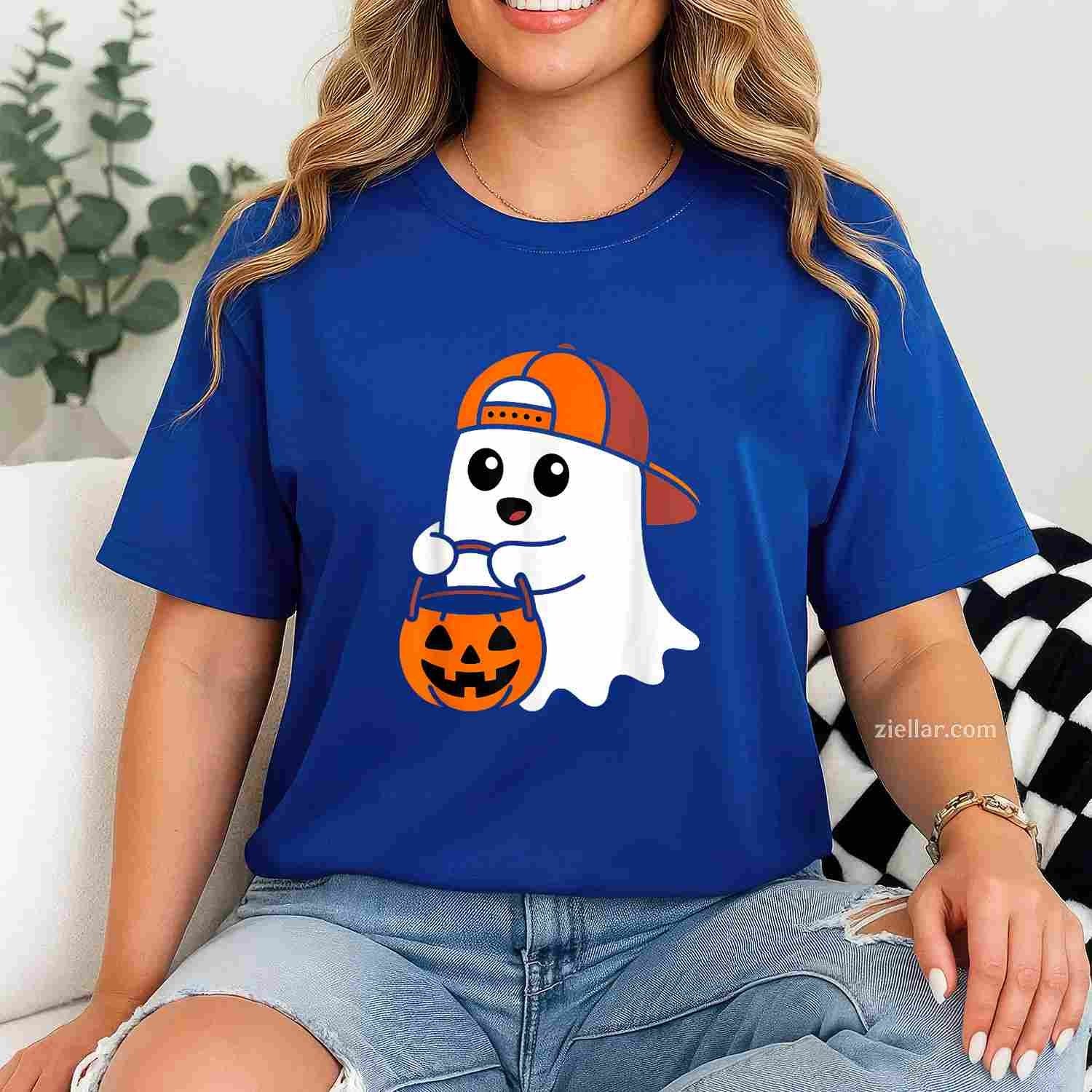 Cute Ghost Pumpkin Wear Hat Saying Boo Spooky Halloween Tee, Halloween T-Shirt for Men Women Adults Unisex, Trendy Graphic Apparel, Unique Gift Idea