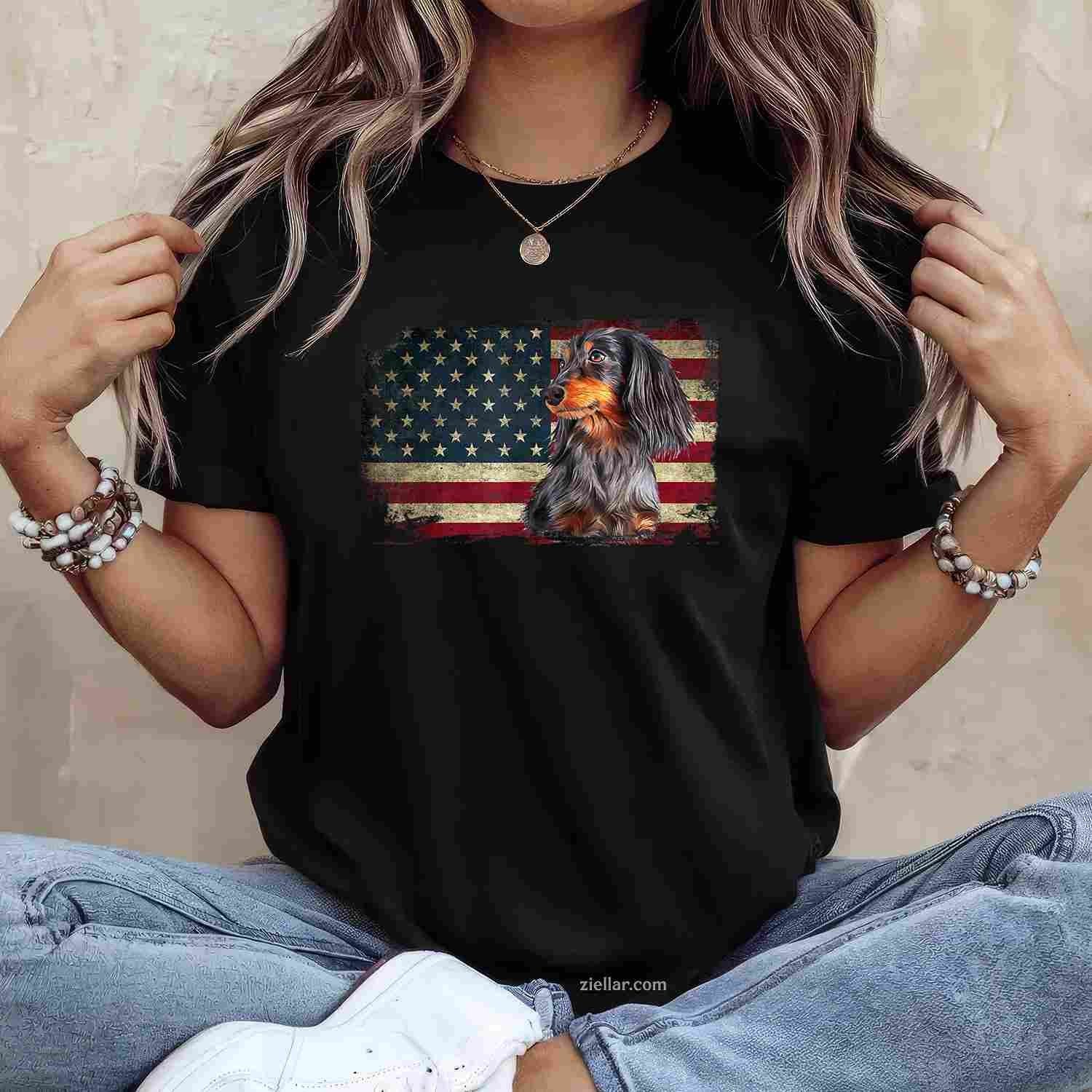 Dachshund Usa Flag Patriotic Dog Lovers T-Shirt, 4Th Of July Vintage Graphic Tee For Adults Unisex