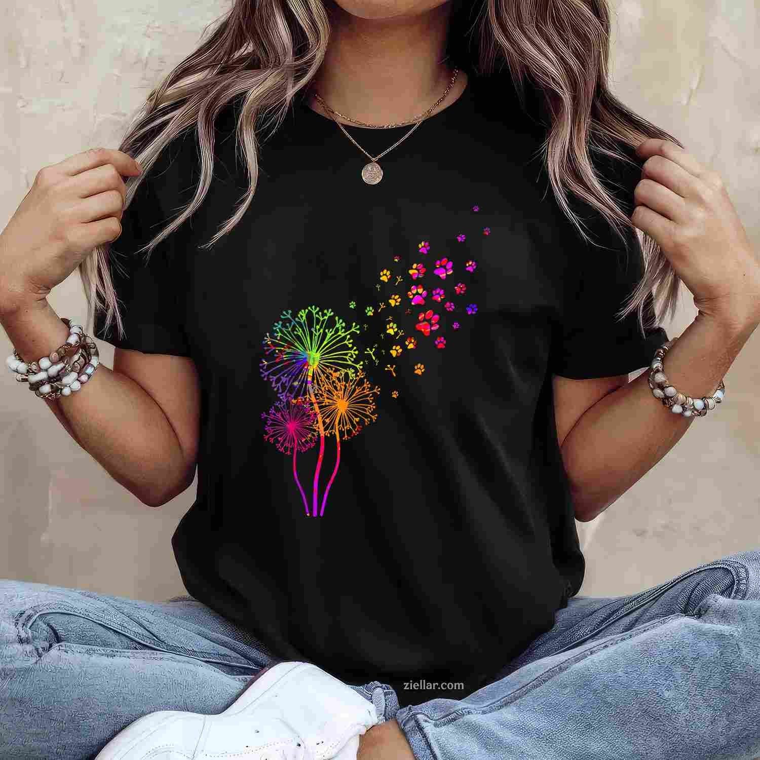 Dandelion Paw Print T-Shirt, Vintage Graphic Tee For Dog Lovers, Pet Owners