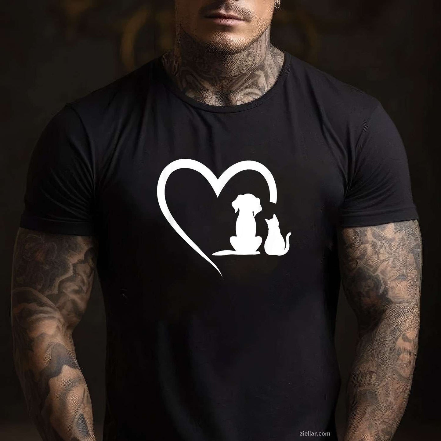 Dog Puppy And Baby Cat Heart T-Shirt, Animal Dog & Cat Heart Vintage Graphic Tee For Men Women