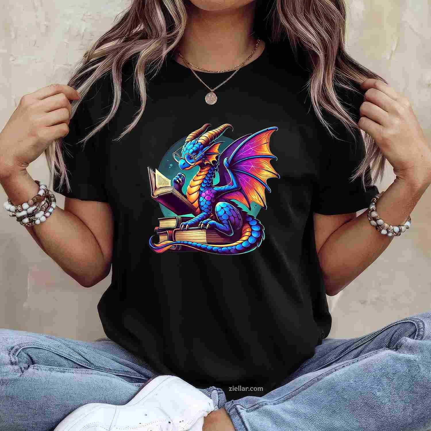 Dragon Reading a Book Bookworm Book Lover T-Shirt