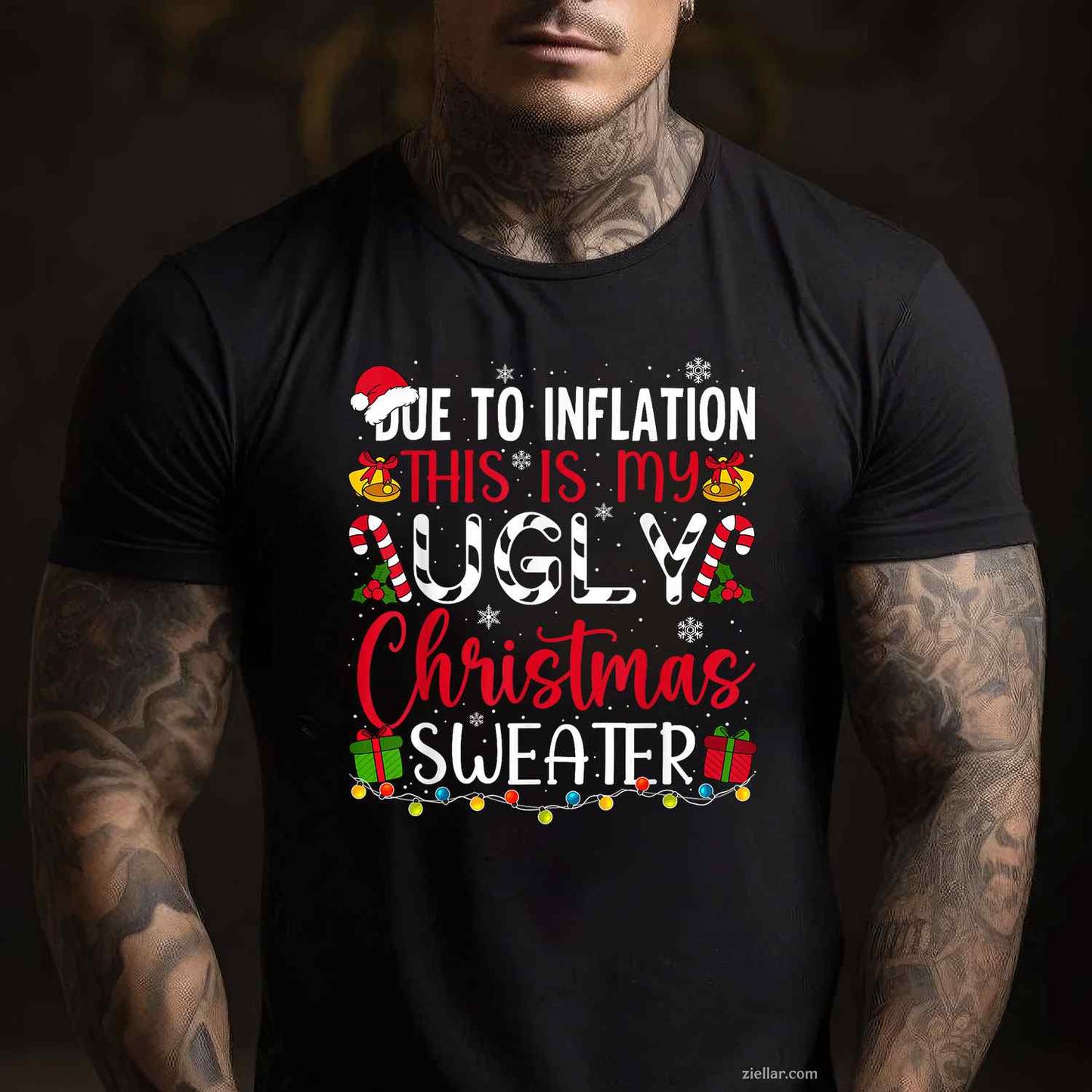 Due To Inflation Ugly Christmas Sweater Funny Xmas Holiday T-Shirt_ Humorous Holiday Party Tee
