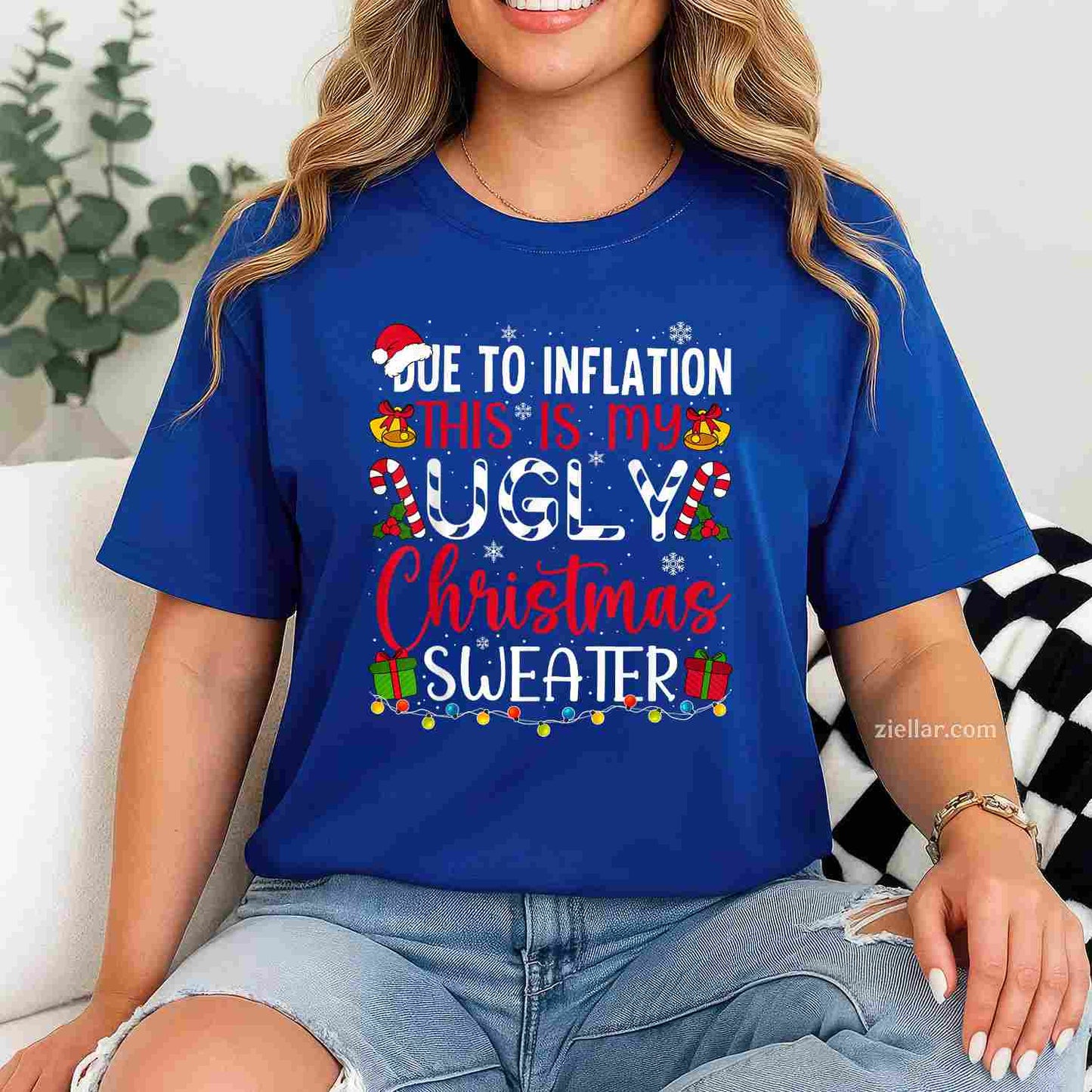 Due To Inflation Ugly Christmas Sweater Funny Xmas Holiday T-Shirt_ Humorous Holiday Party Tee