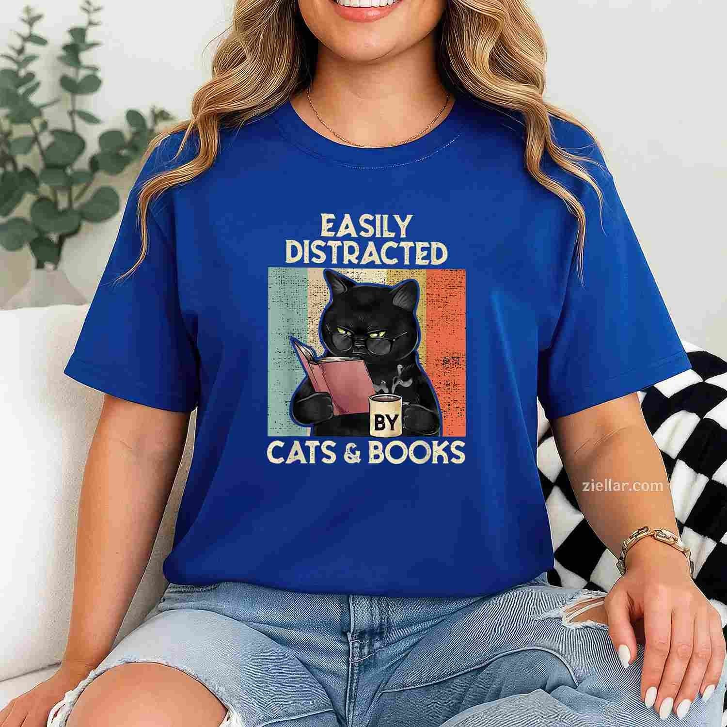 Easily Distracted By Cats And Books T-Shirt, Vintage Graphic Tee For Cat Lovers Adults