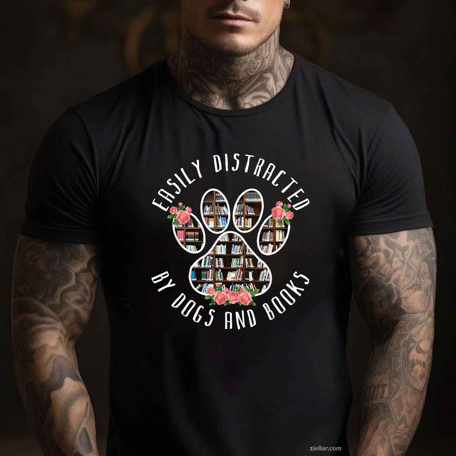 Easily Distracted By Dogs And Books - Animal Book Lover Gift T-Shirt