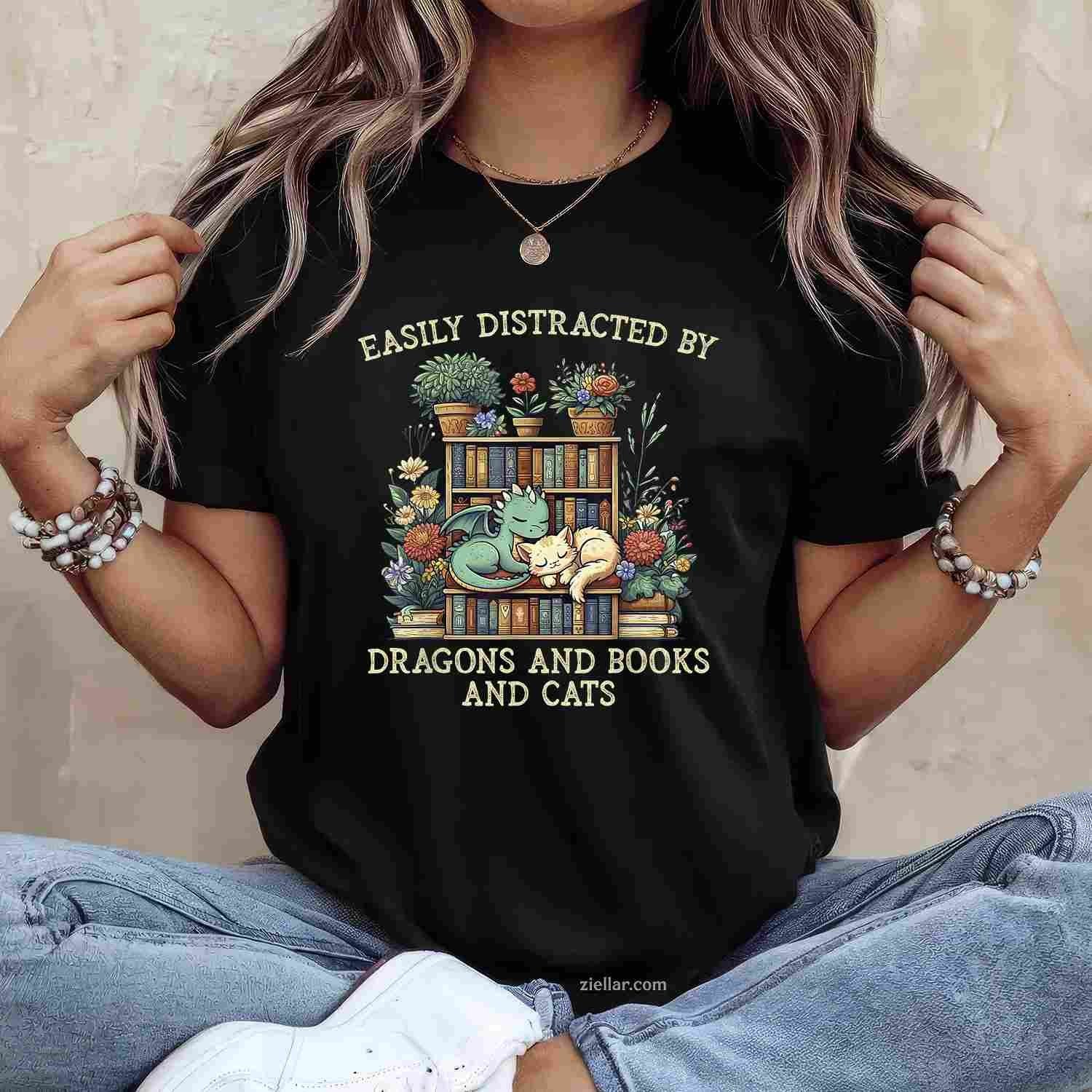 Easily Distracted By Dragons Books Cats T-Shirt, Fantasy Book Lover Vintage Graphic Tee For Adults Unisex