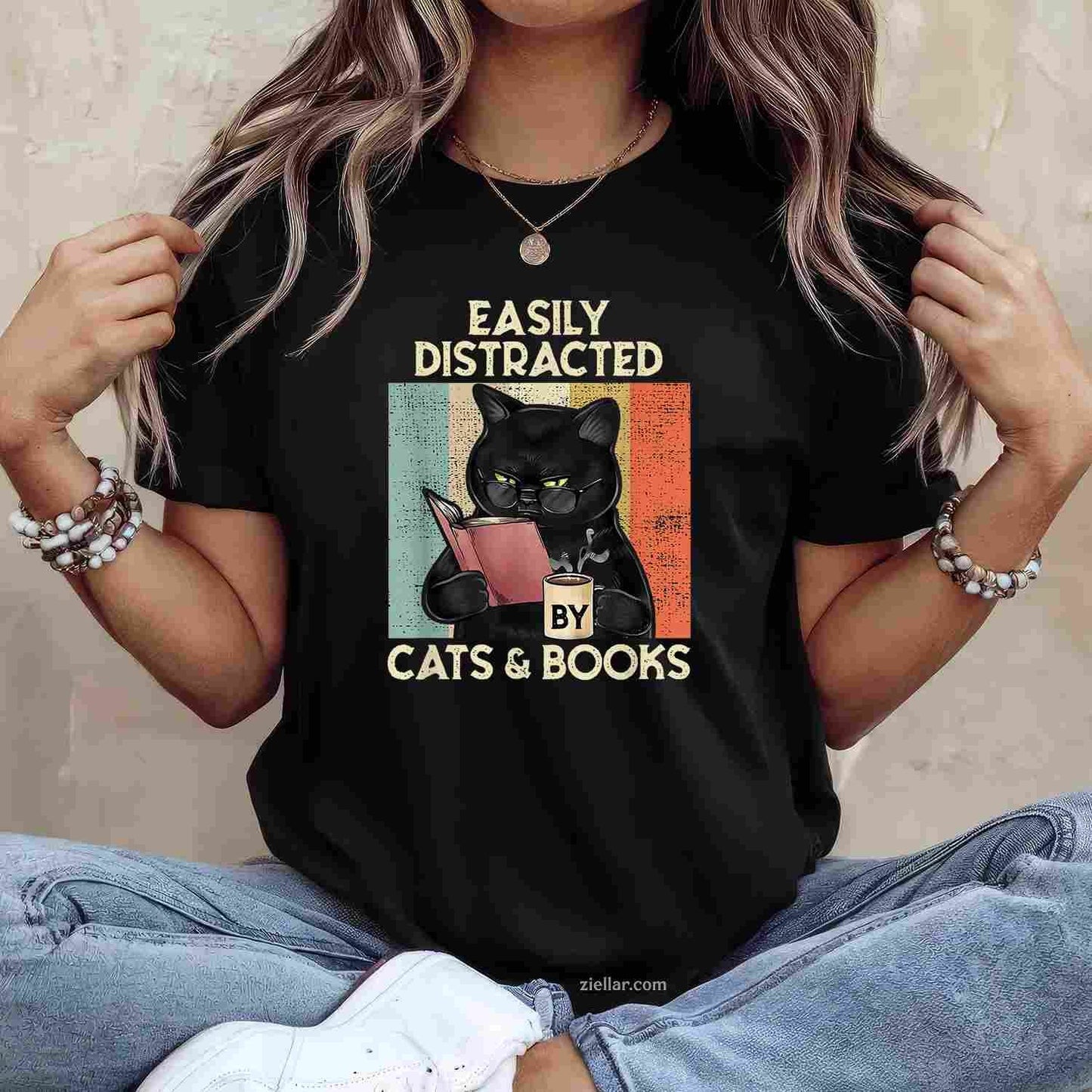Easily Distracted By Cats And Books T-Shirt, Vintage Graphic Tee For Cat Lovers Adults