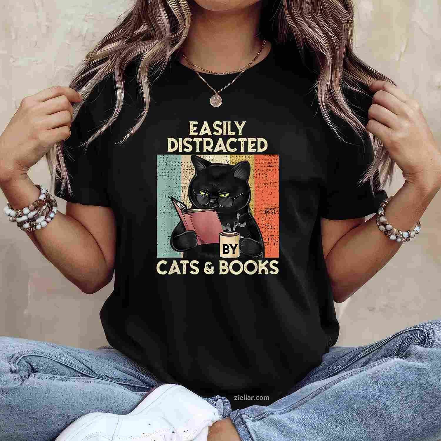 Easily Distracted By Cats And Books T-Shirt, Vintage Graphic Tee For Cat Lovers Adults