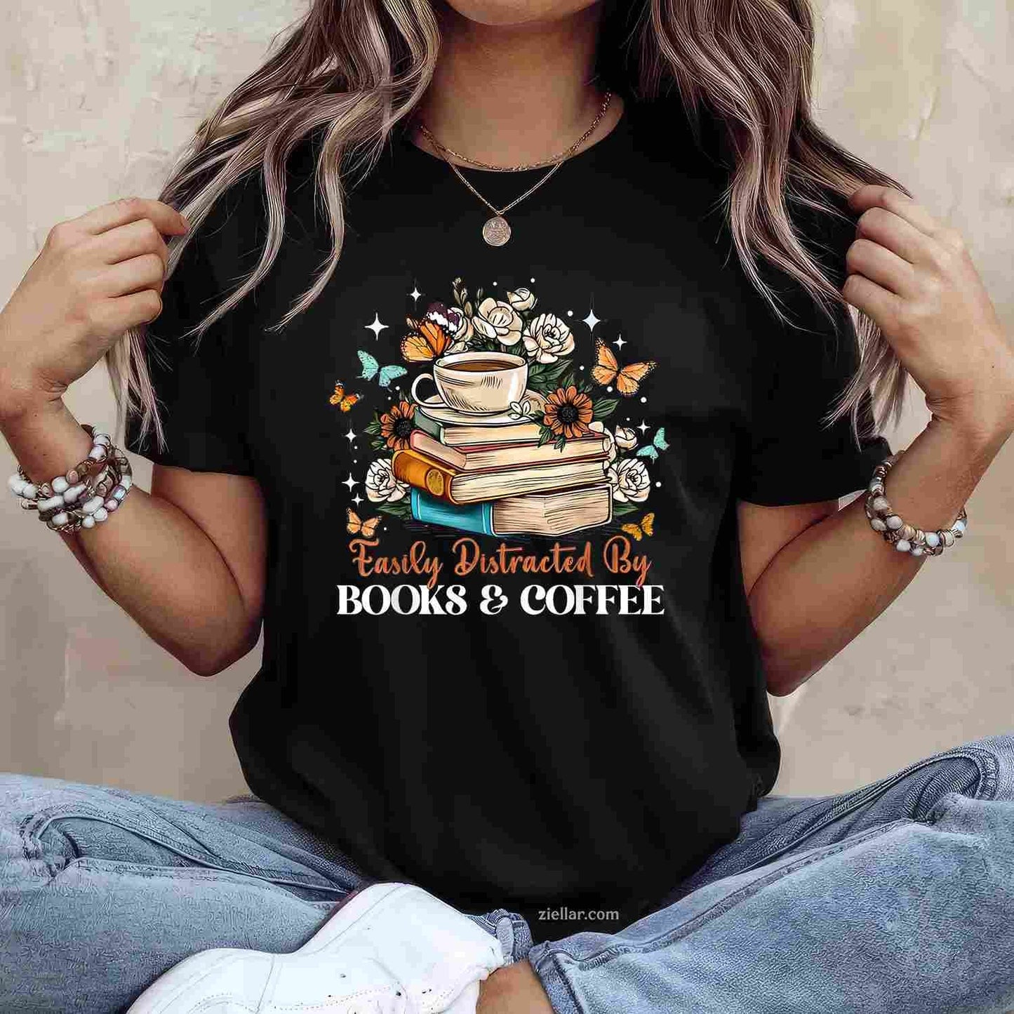 Easily Distracted by Books & Coffee Floral Book Lover Retro T-Shirt