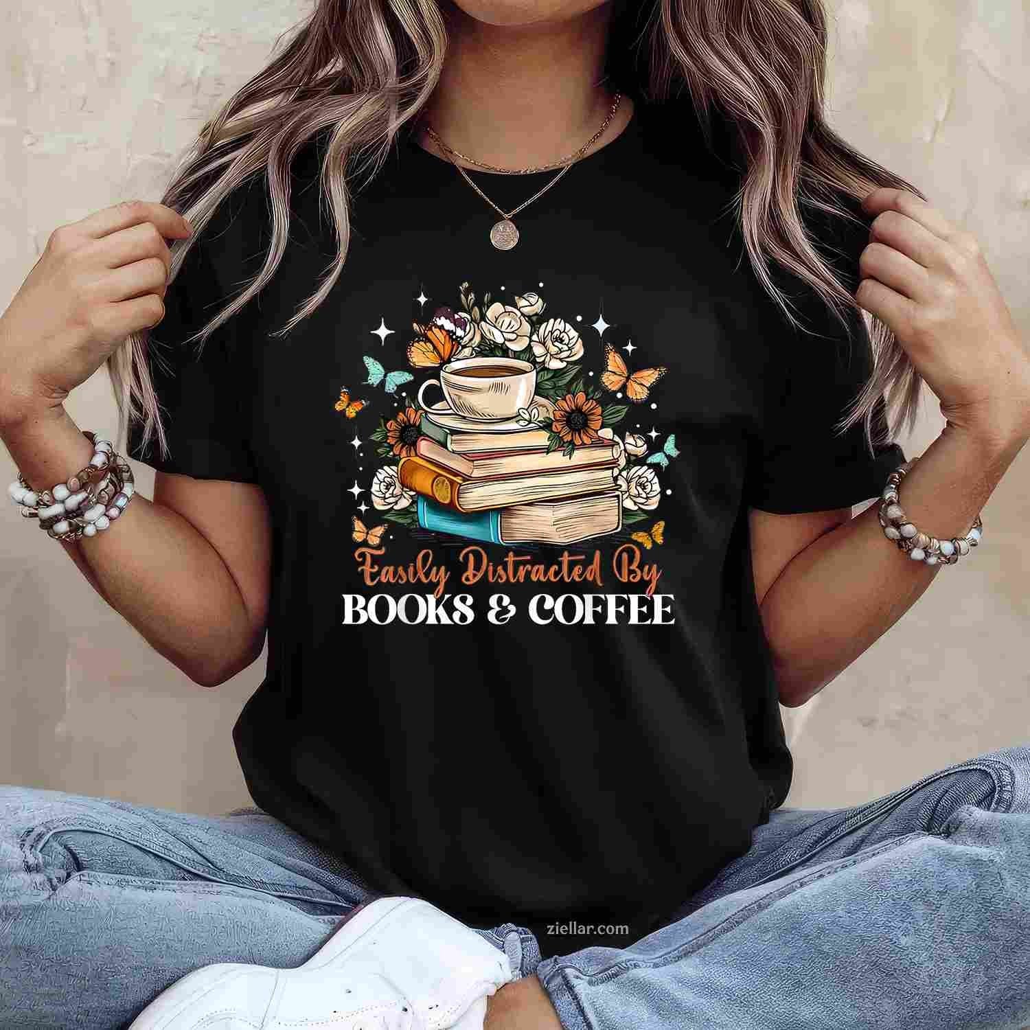 Easily Distracted by Books & Coffee Floral Book Lover Retro T-Shirt