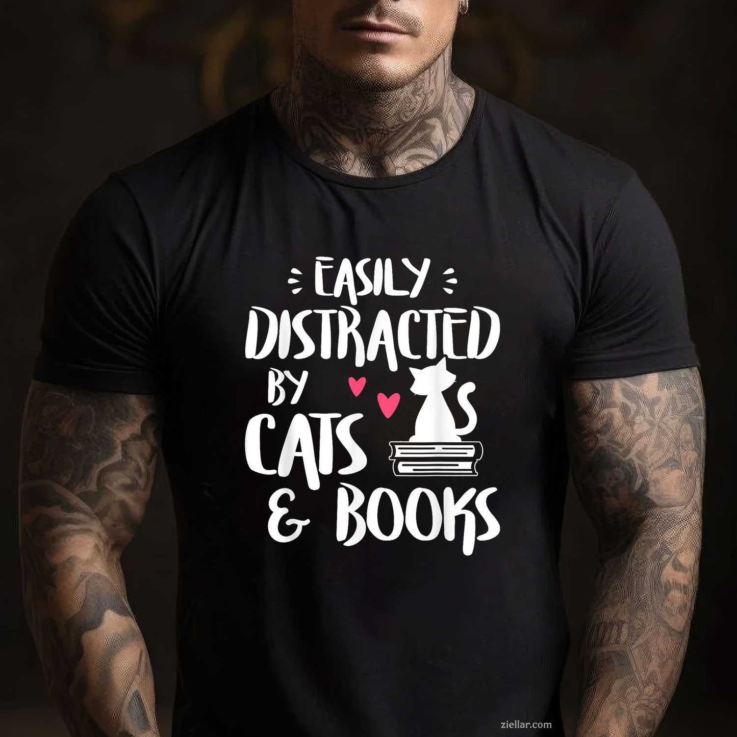 Easily Distracted by Cats and Books - Cat & Book Lover, Short Sleeve T-Shirt