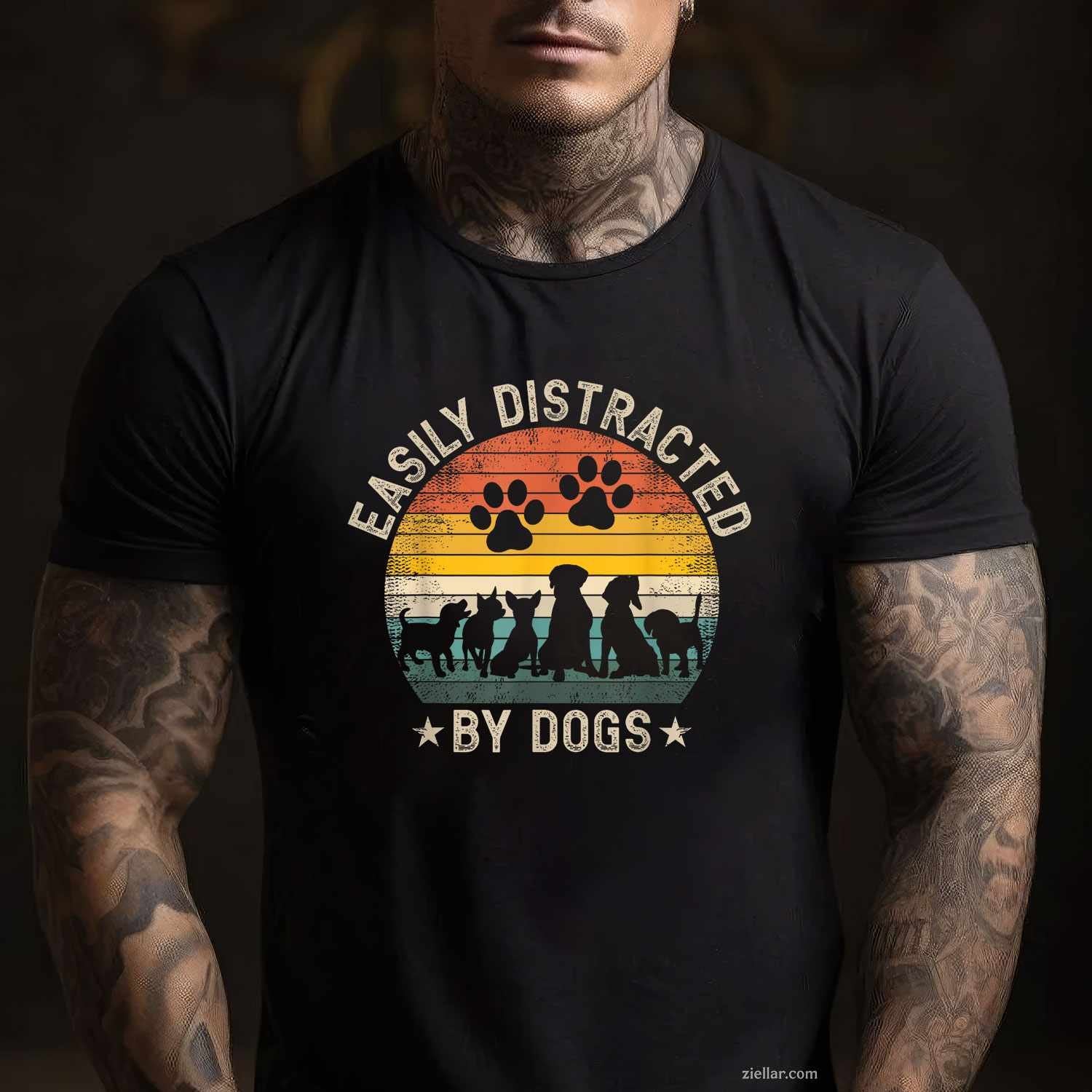 Easily Distracted By Dogs T-Shirt, Pet Dog Lover Vintage Graphic Tee For Adults Men Women