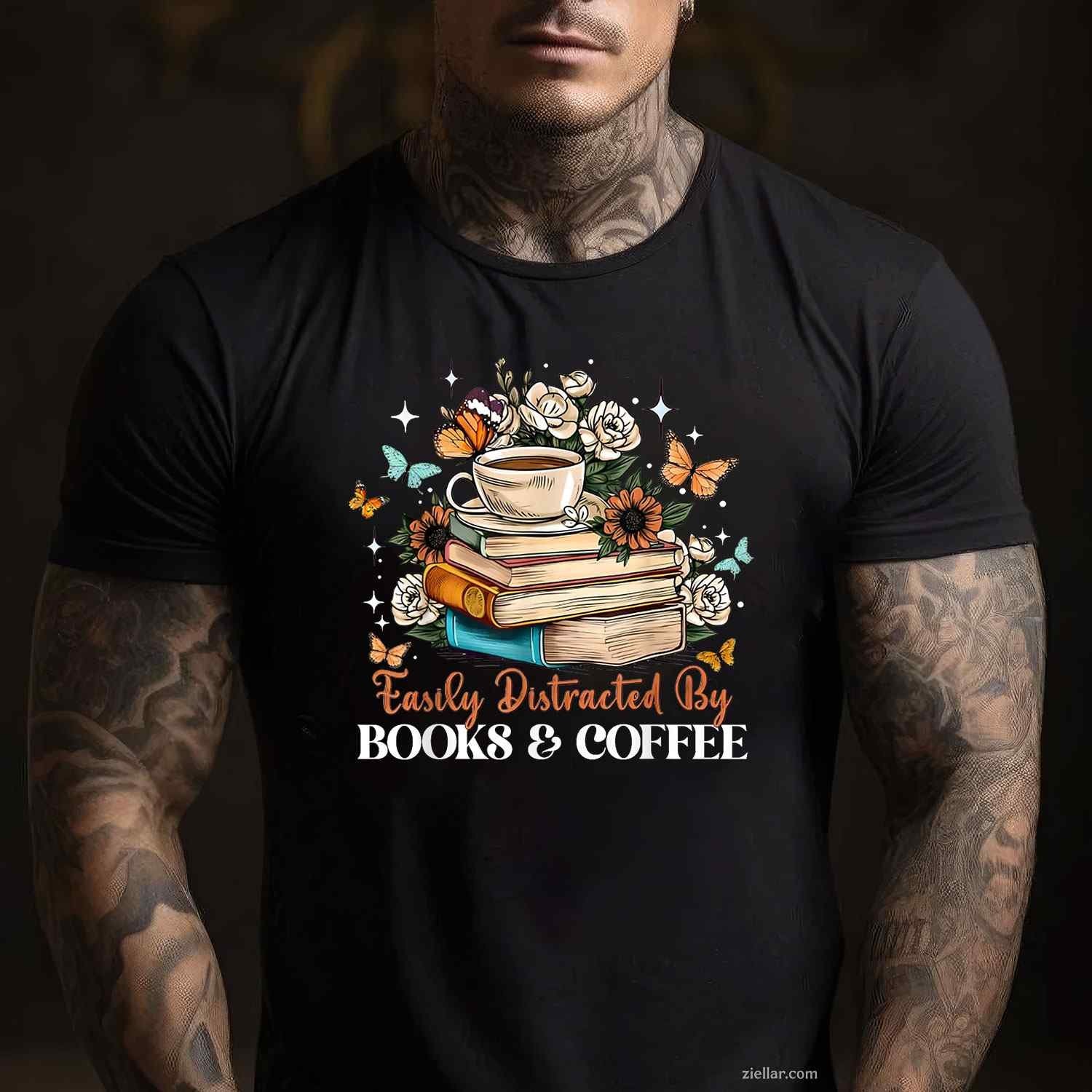 Easily Distracted by Books & Coffee Floral Book Lover Retro T-Shirt