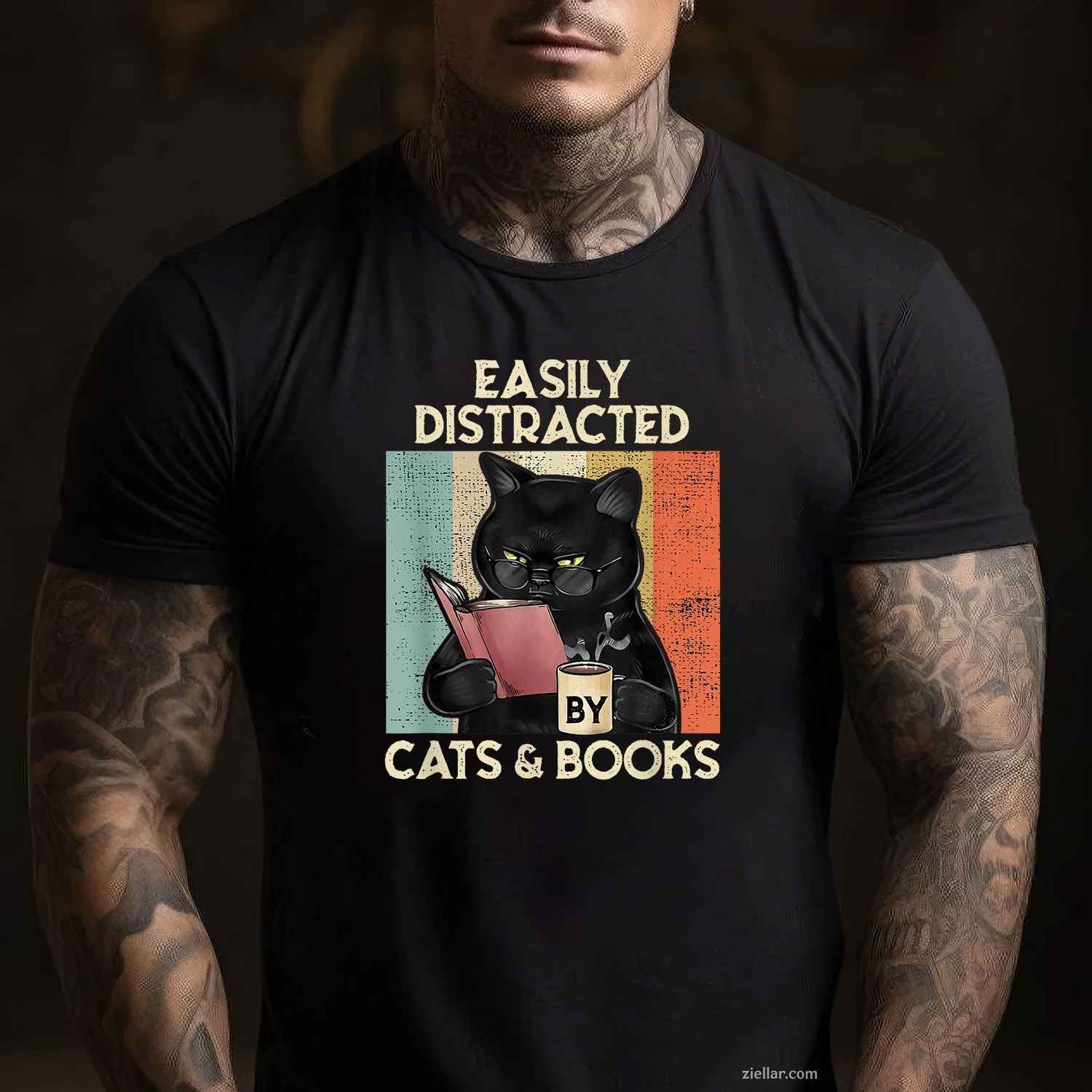 Easily Distracted By Cats And Books T-Shirt, Vintage Graphic Tee For Cat Lovers Adults