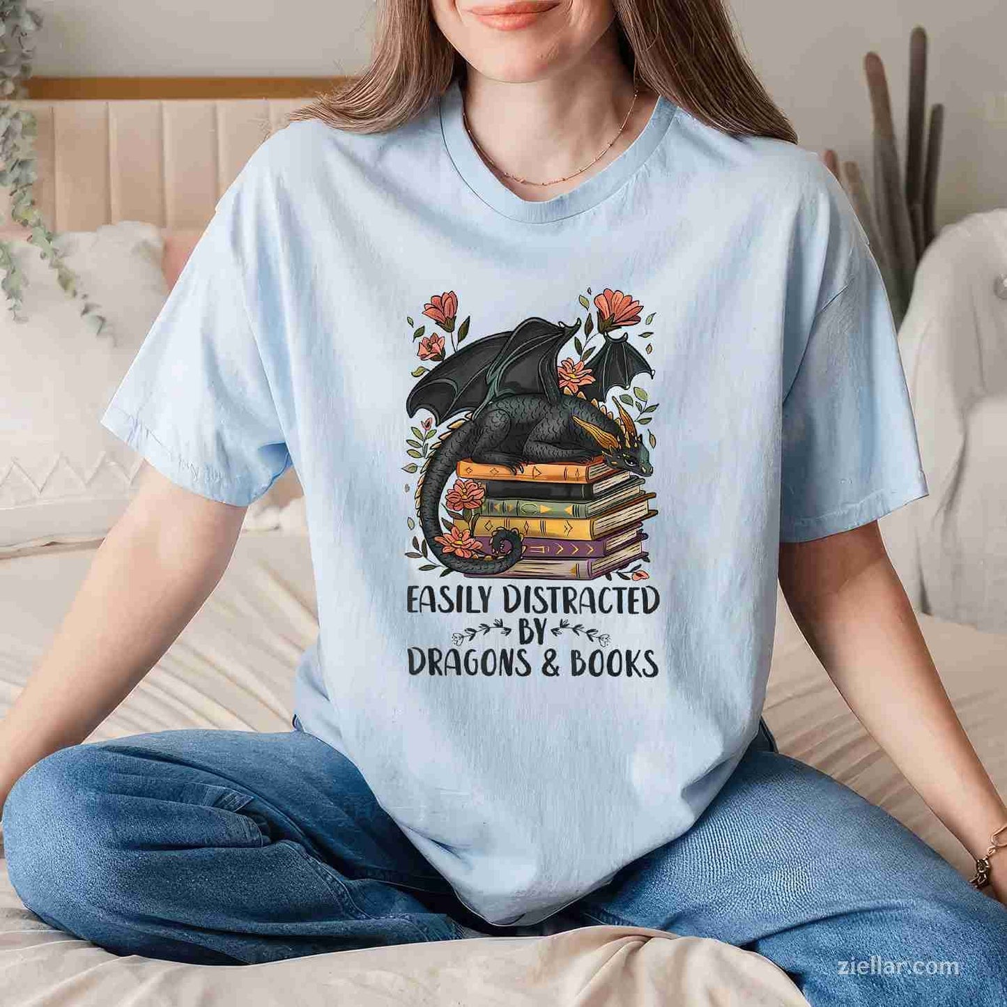 Easily Distracted By Dragons & Books T-Shirt, Romantasy Book Lover Vintage Graphic Tee For Adults