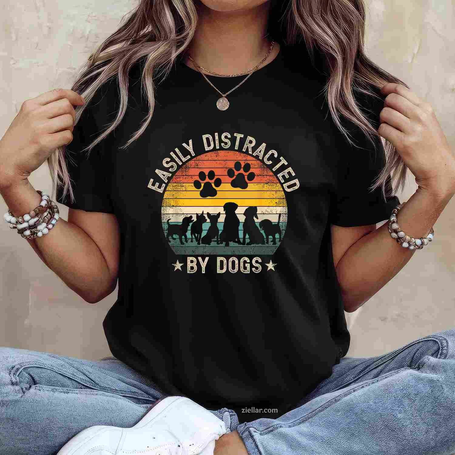 Easily Distracted By Dogs T-Shirt, Pet Dog Lover Vintage Graphic Tee For Adults Men Women