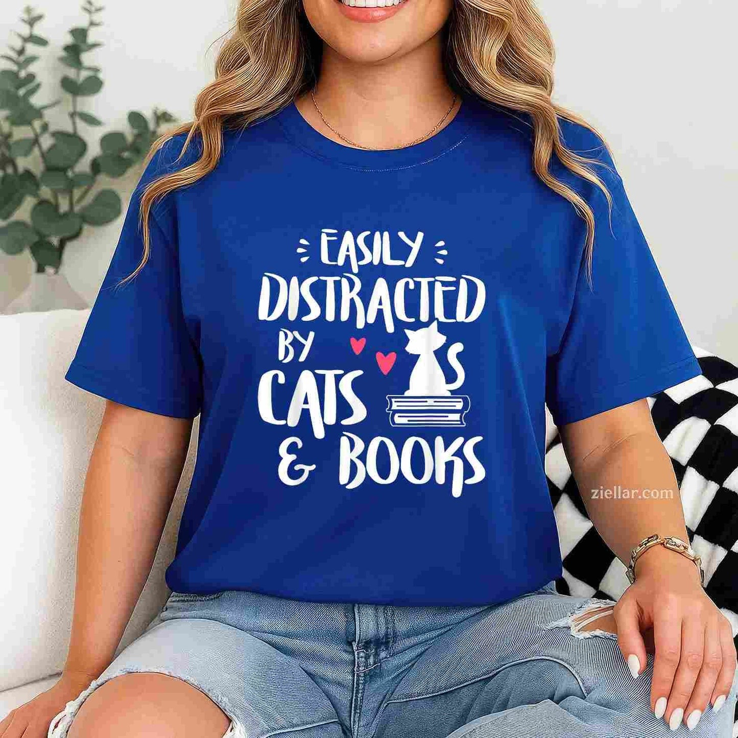 Easily Distracted by Cats and Books - Cat & Book Lover, Short Sleeve T-Shirt