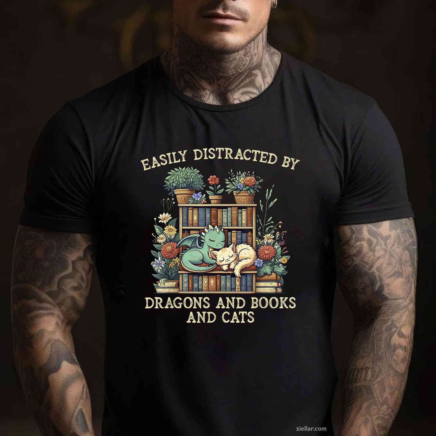 Easily Distracted By Dragons Books Cats T-Shirt, Fantasy Book Lover Vintage Graphic Tee For Adults Unisex