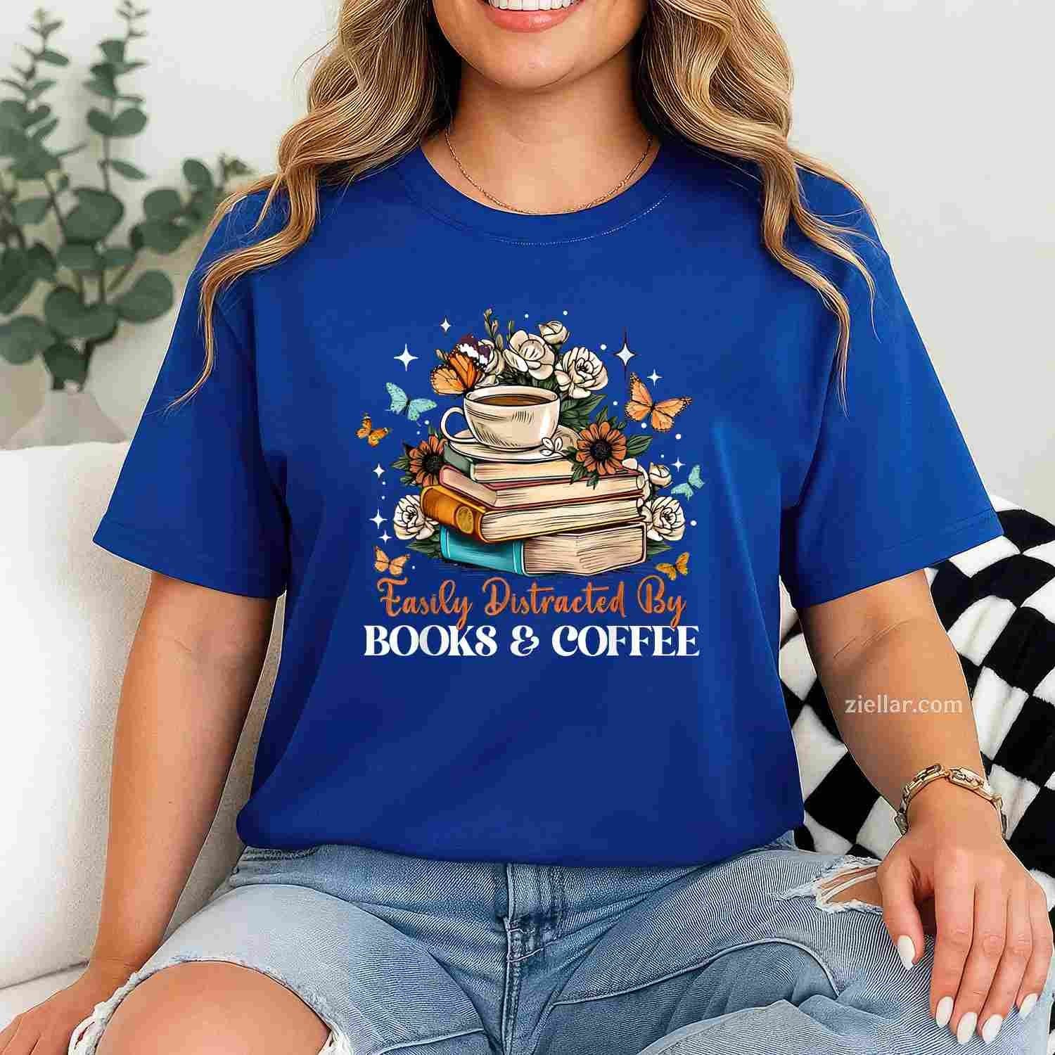 Easily Distracted by Books & Coffee Floral Book Lover Retro T-Shirt