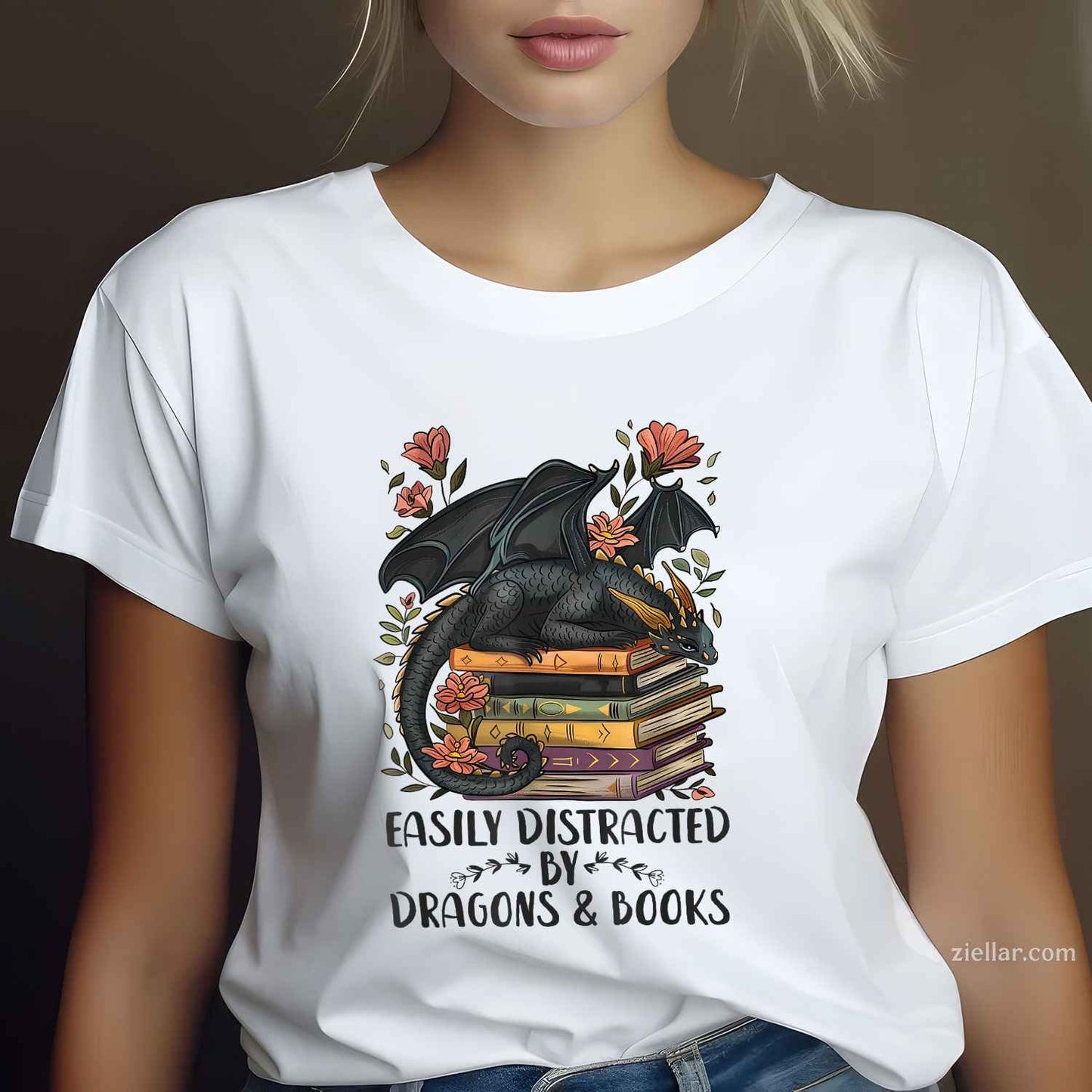 Easily Distracted By Dragons & Books T-Shirt, Romantasy Book Lover Vintage Graphic Tee For Adults