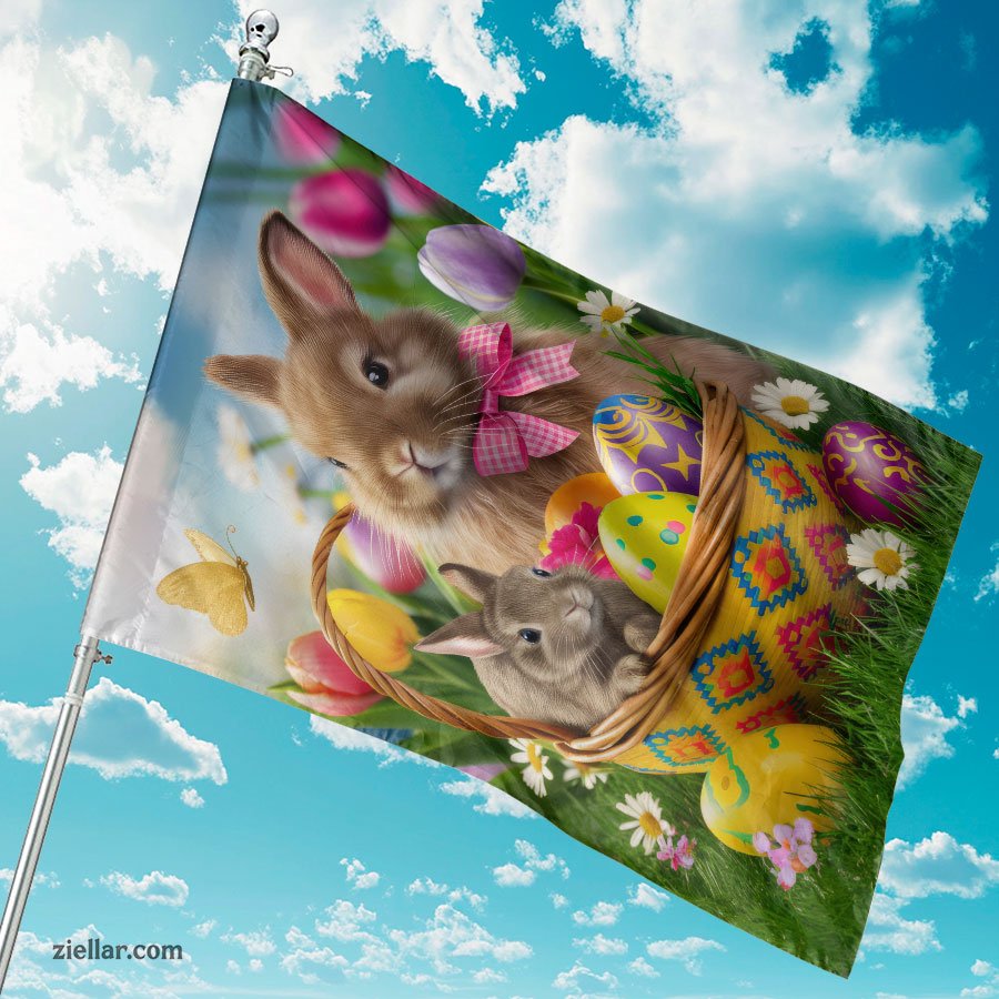 Easter Bunny with Basket of Colorful Eggs and Spring Flowers Holiday Decor